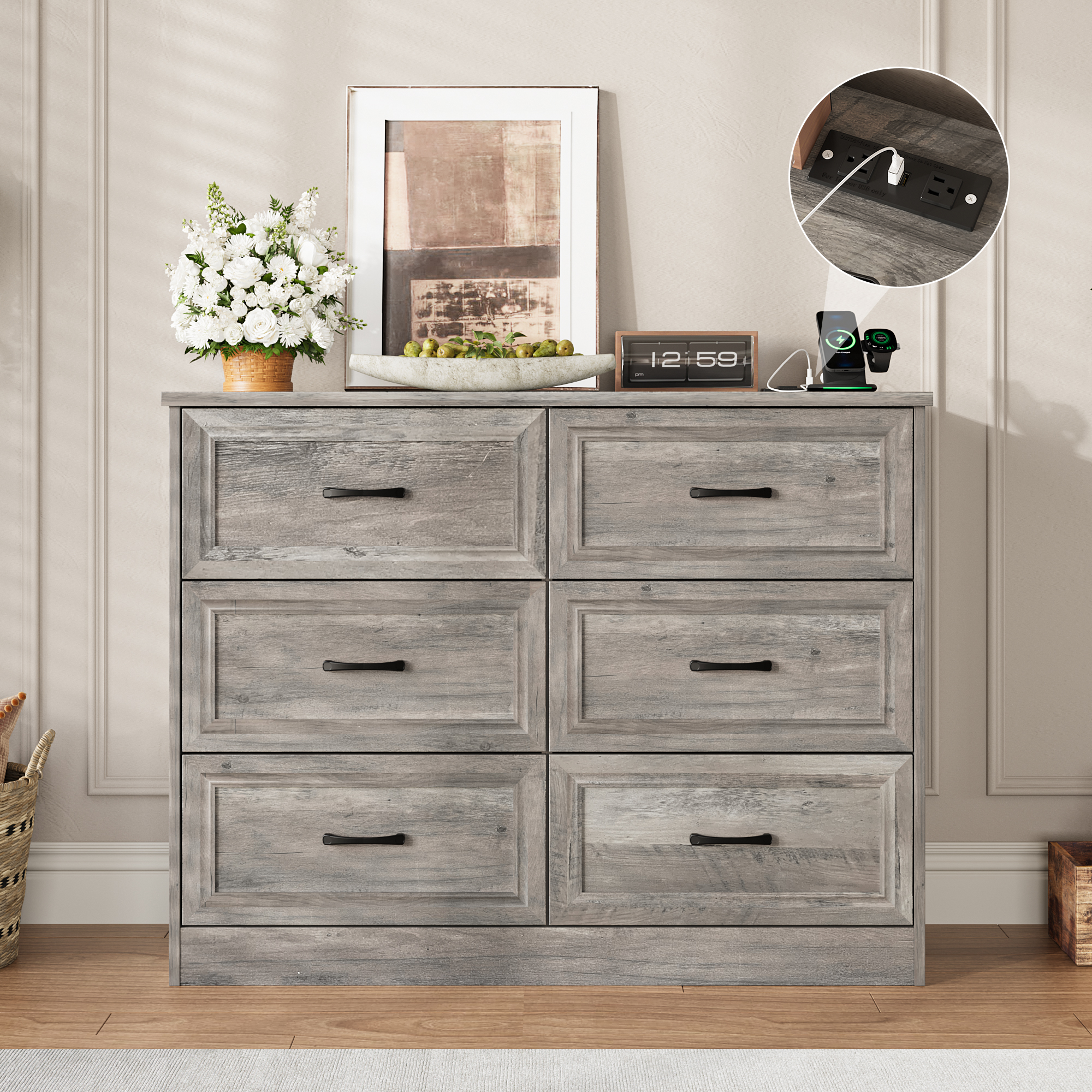 Dresser for Bedroom, 6 Drawer Wide Dresser Organizer with Charging Station, Tall Dresser for Hallway, Wood Dresser with Metal Handles, Ash Grey