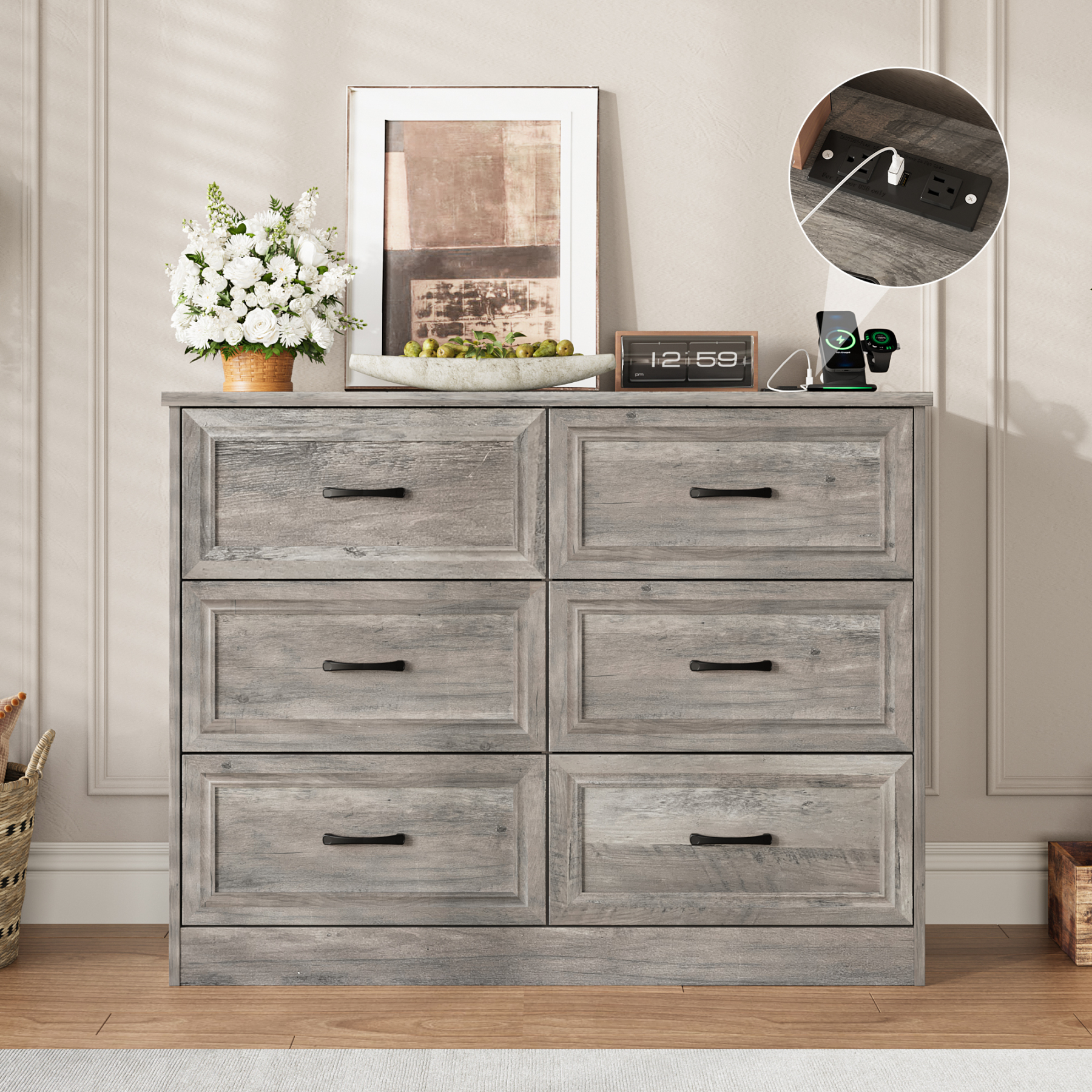 Dresser for Bedroom, 6 Drawer Wide Dresser Organizer with Charging Sta