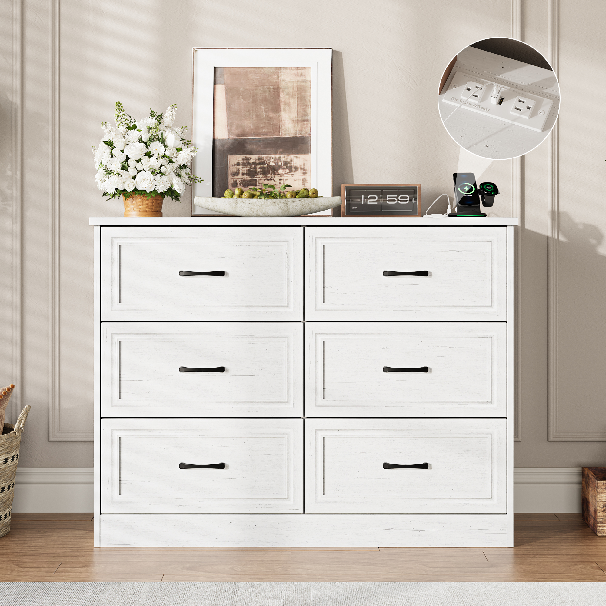 Dresser for Bedroom, 6 Drawer Wide Dresser Organizer with Charging Sta