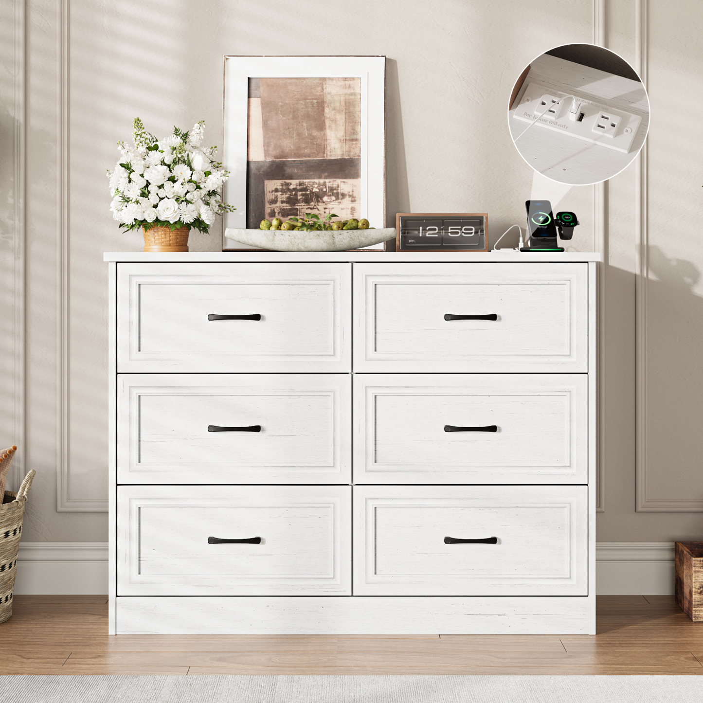 Dresser for Bedroom, 6 Drawer Wide Dresser Organizer with Charging Station, Tall Dresser for Hallway, Wood Dresser with Metal Handles, Ash Grey