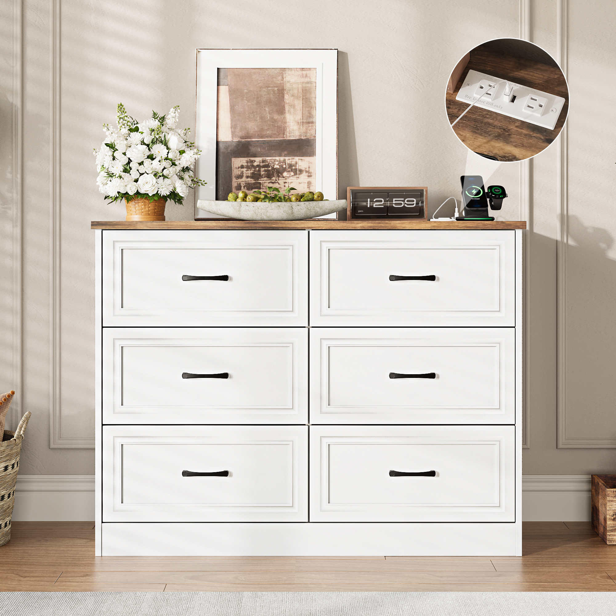 Vabches 6 Drawers Dresser with Charging Station for Bedroom, Wood Chest of Drawers, Farmhouse
