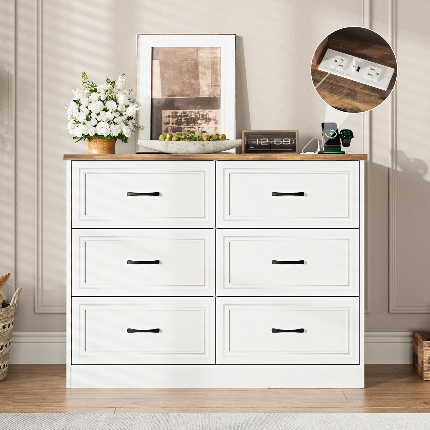 Vabches 6 Drawers Dresser with Charging Station for Bedroom, Wood Chest of Drawers, Farmhouse