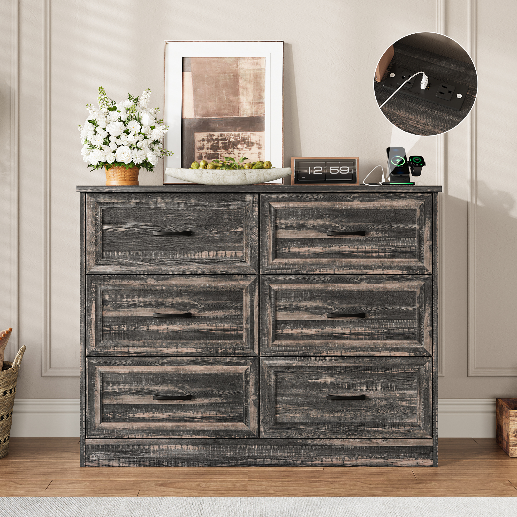 Vabches 6 Drawers Dresser with Charging Station for Bedroom, Wood Ches