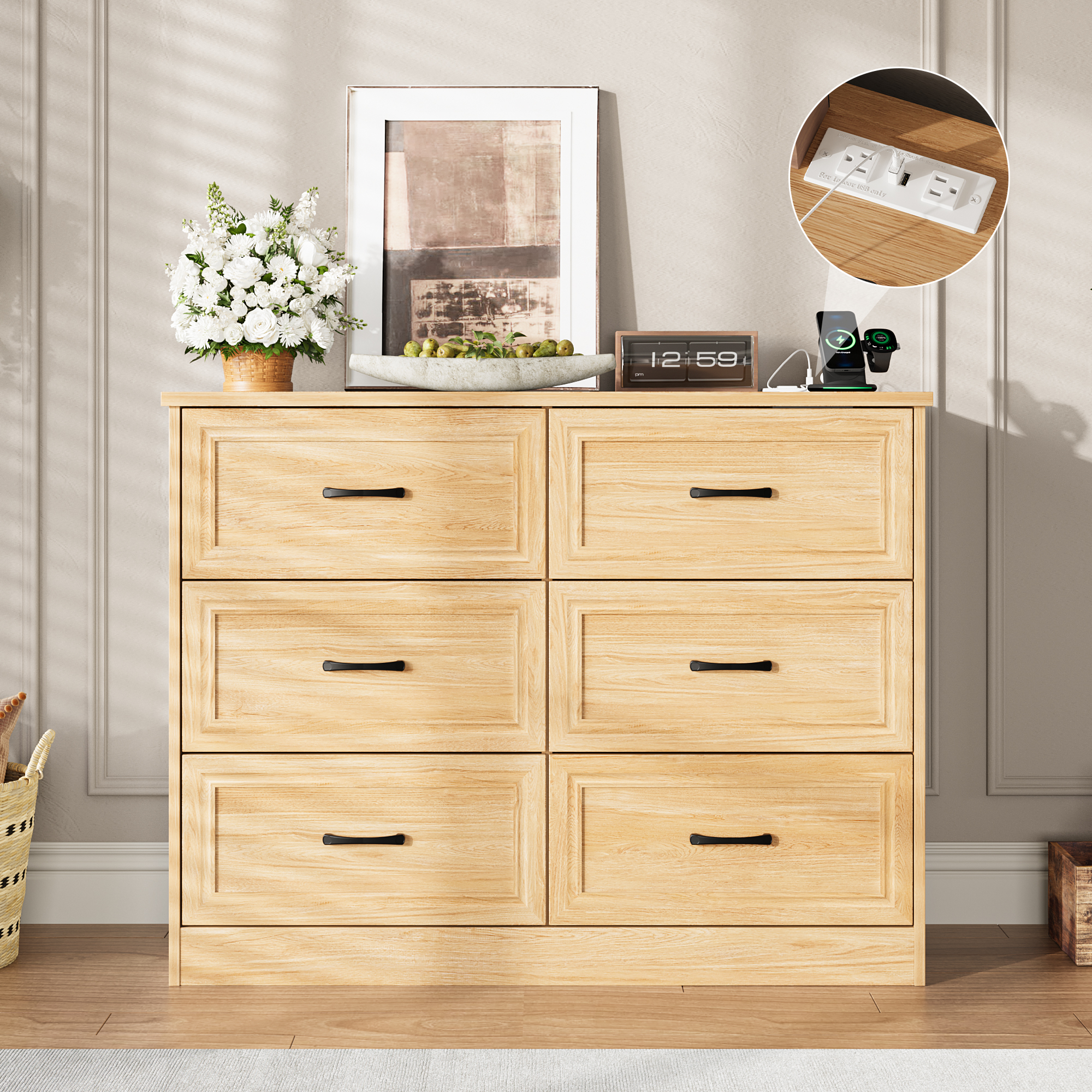 Vabches 6 Drawers Dresser with Charging Station for Bedroom, Wood Ches