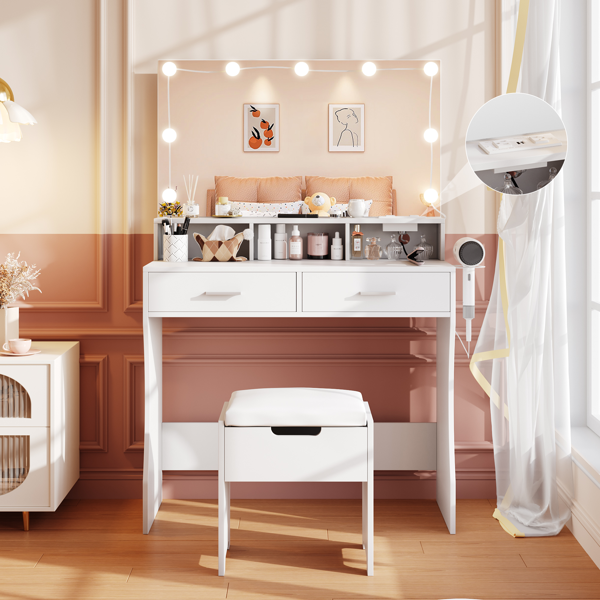 Modern Vanity Table Set with Lighted Mirror,Makeup Table with 2 Drawers & Power Strip,Dresser Desk for Girls, Women, White