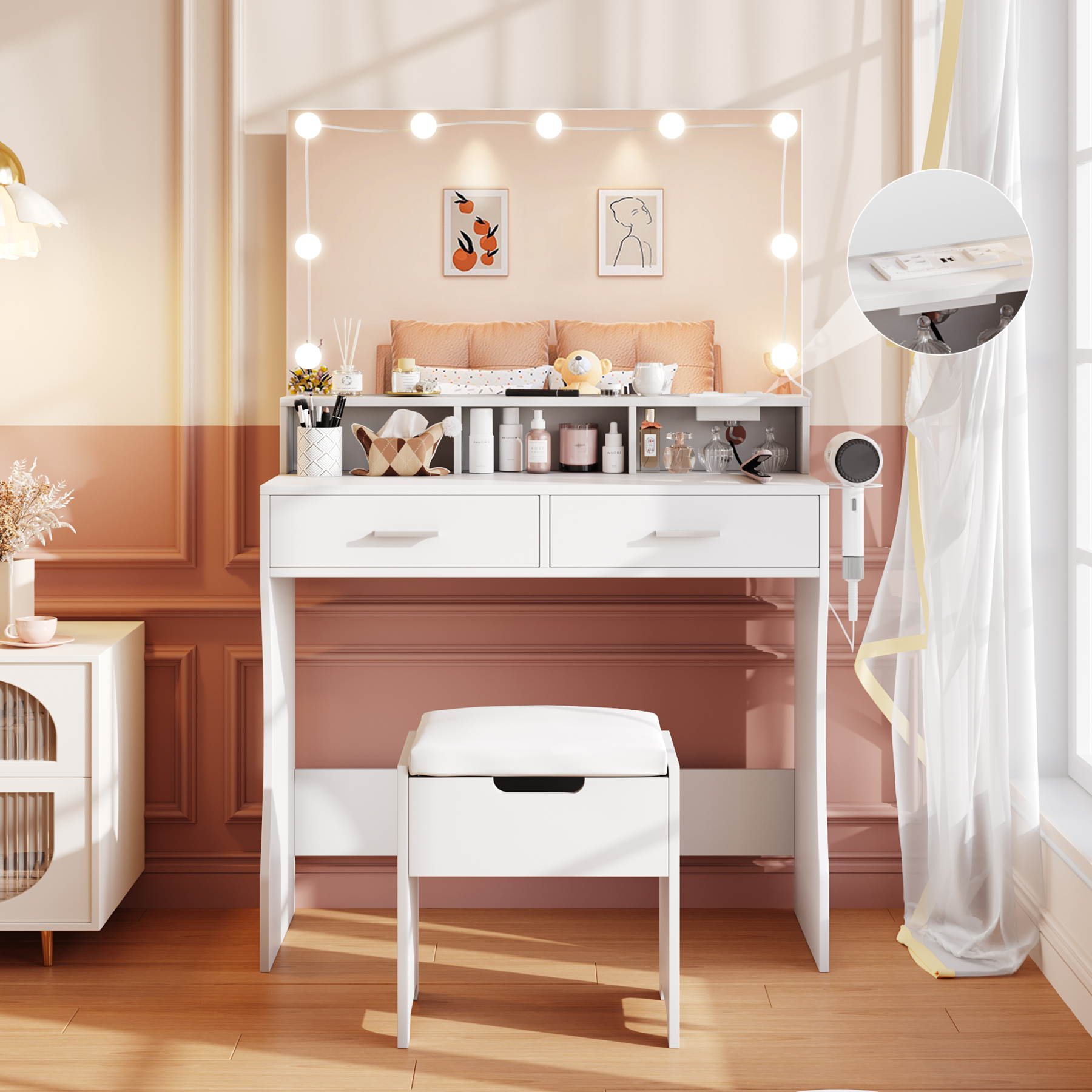 Modern Vanity Table Set with Lighted Mirror,Makeup Table with 2 Drawers & Power Strip,Dresser Desk for Girls, Women, White
