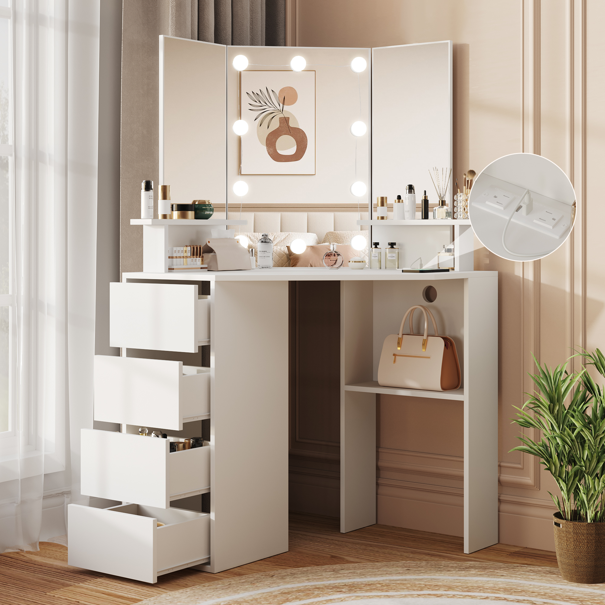 Veanerwood Corner Vanity Desk with Lighted Mirror & Charging Station,B