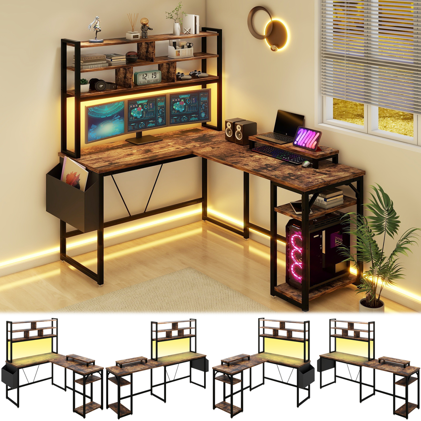 Vabches Computer Desk L Shaped with LED Lights and Power Outlets, Reversible L Shaped Gaming Desk with Hutch