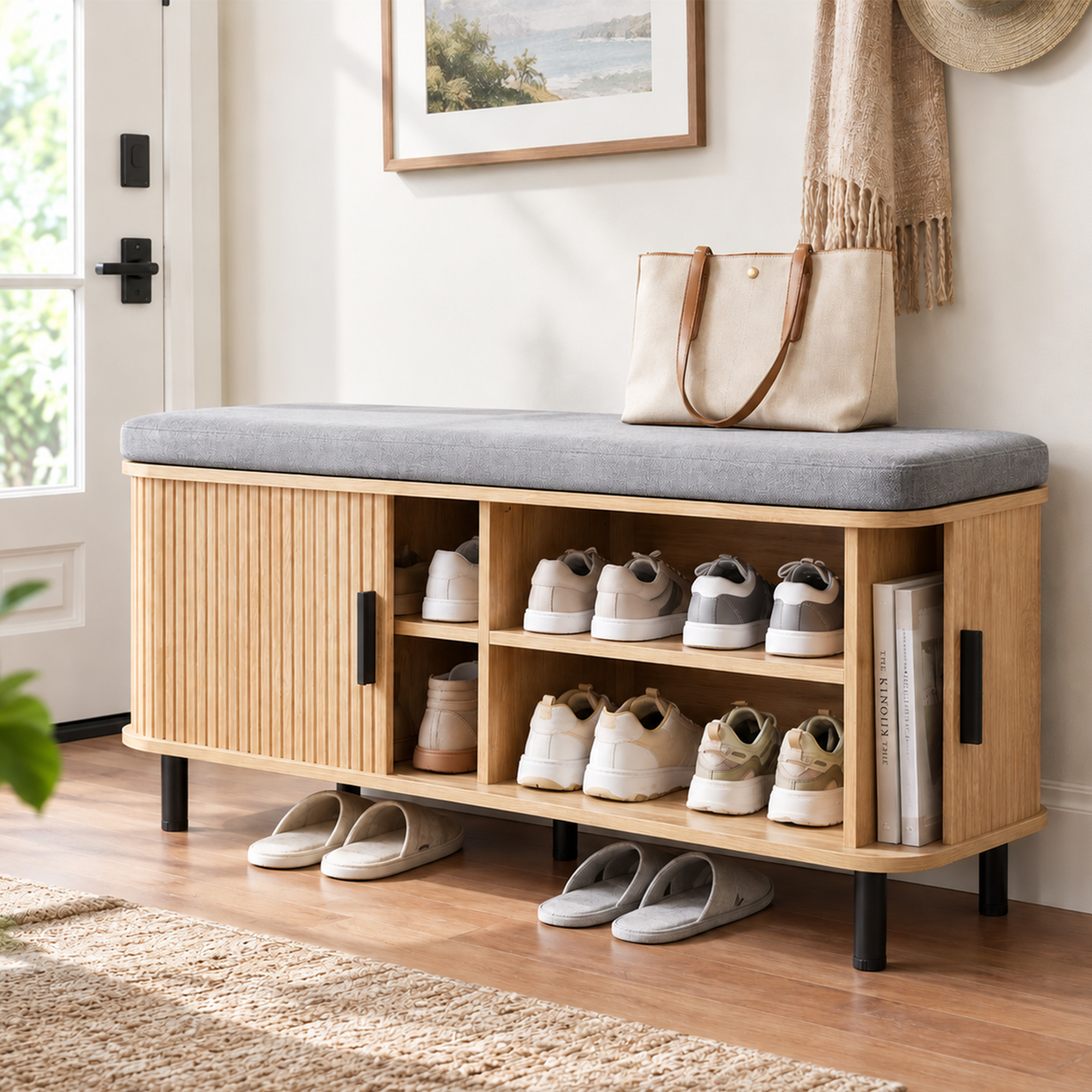 39" W Shoe Storage Bench with Cushion and Sliding Tambour Doors, 3-Tier Shoe Rack Organizer Bench Adjustable Shelf