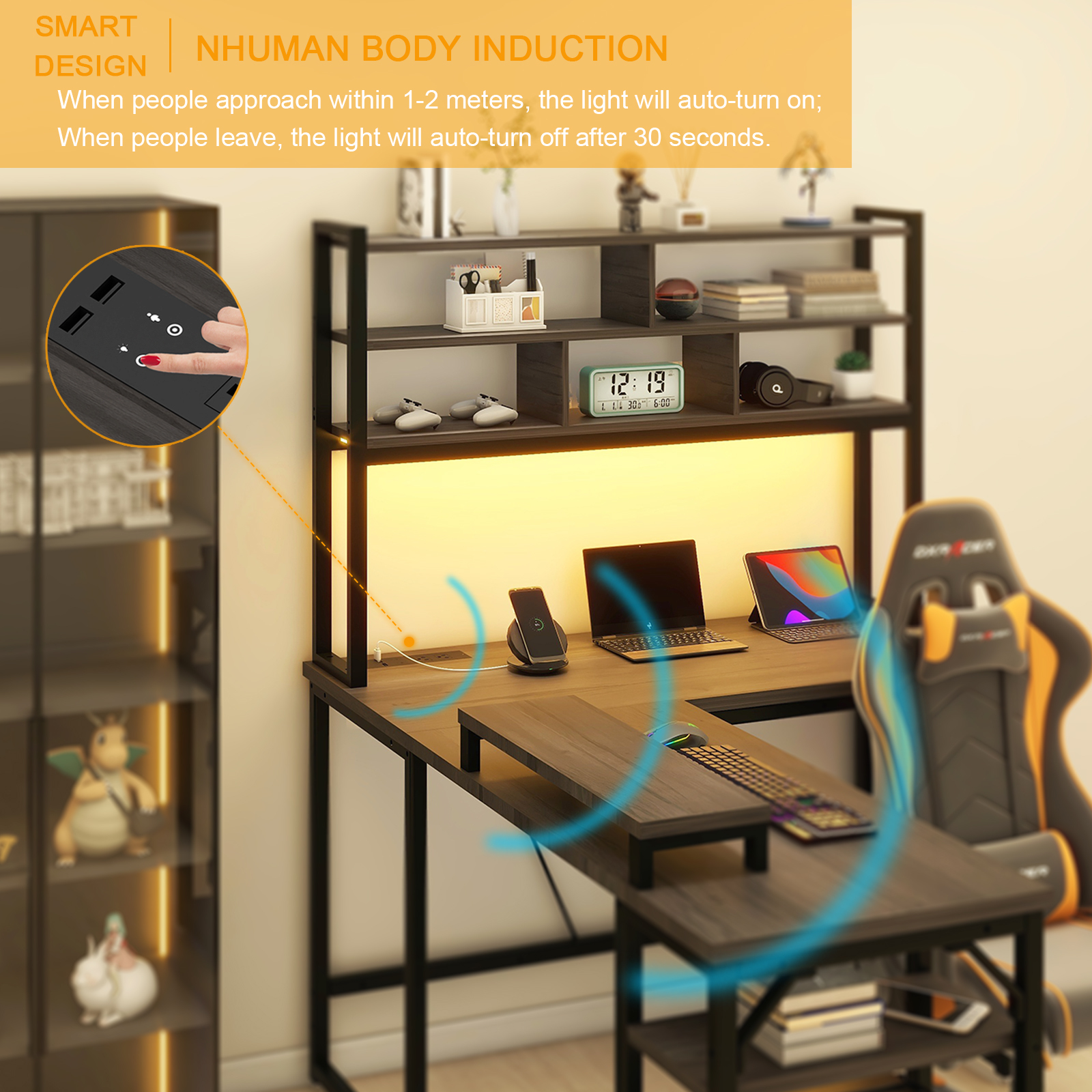 Vabches Computer Desk L Shaped with LED Lights and Power Outlets, Reversible Gaming Desk with Hutch for Adolescents and adults