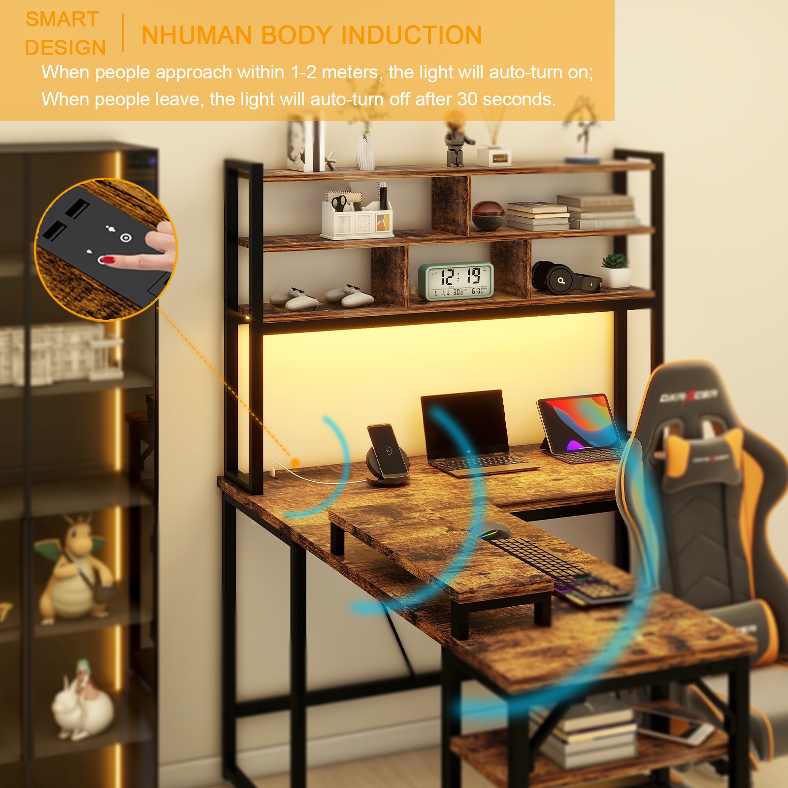 Vabches Computer Desk L Shaped with LED Lights and Power Outlets, Reversible L Shaped Gaming Desk with Hutch