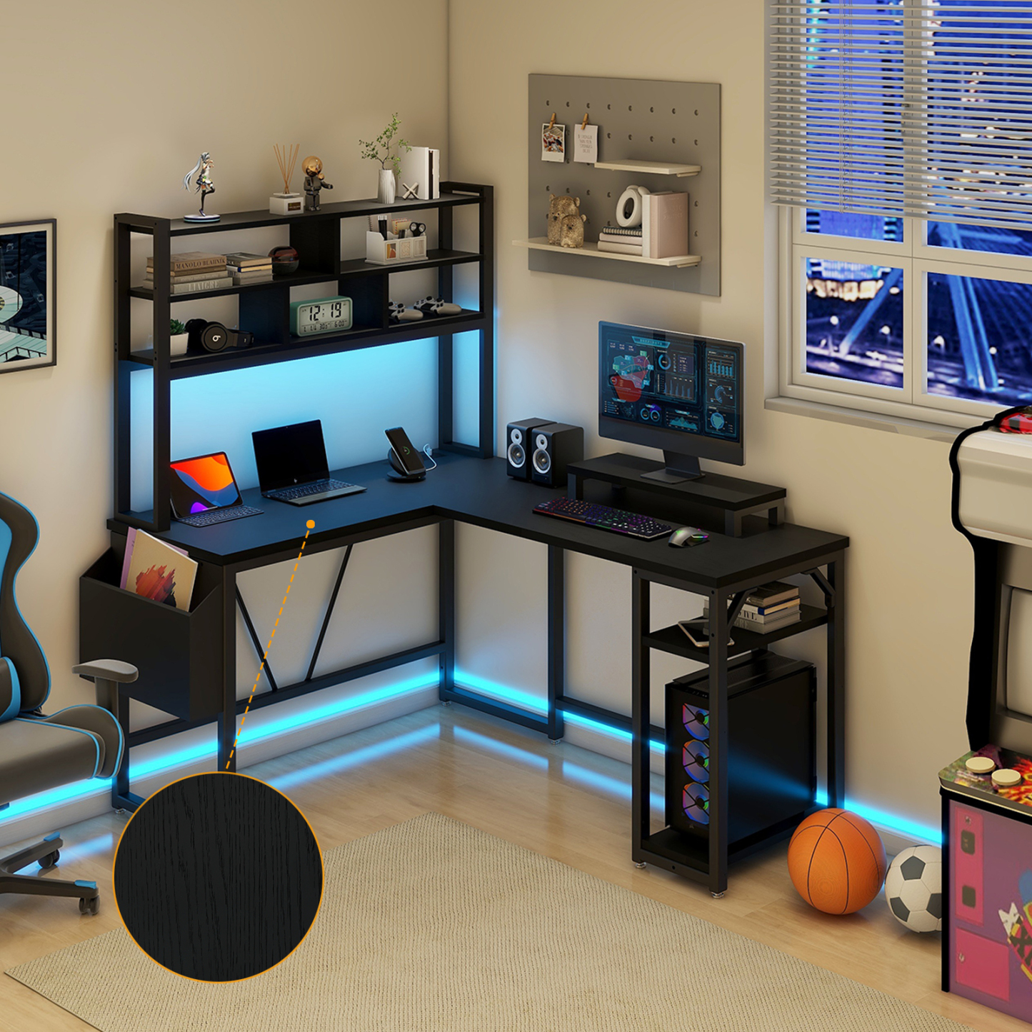 Vabches Computer Desk L Shaped with LED Lights and Power Outlets, Reversible Gaming Desk with Hutch for Adolescents and adults