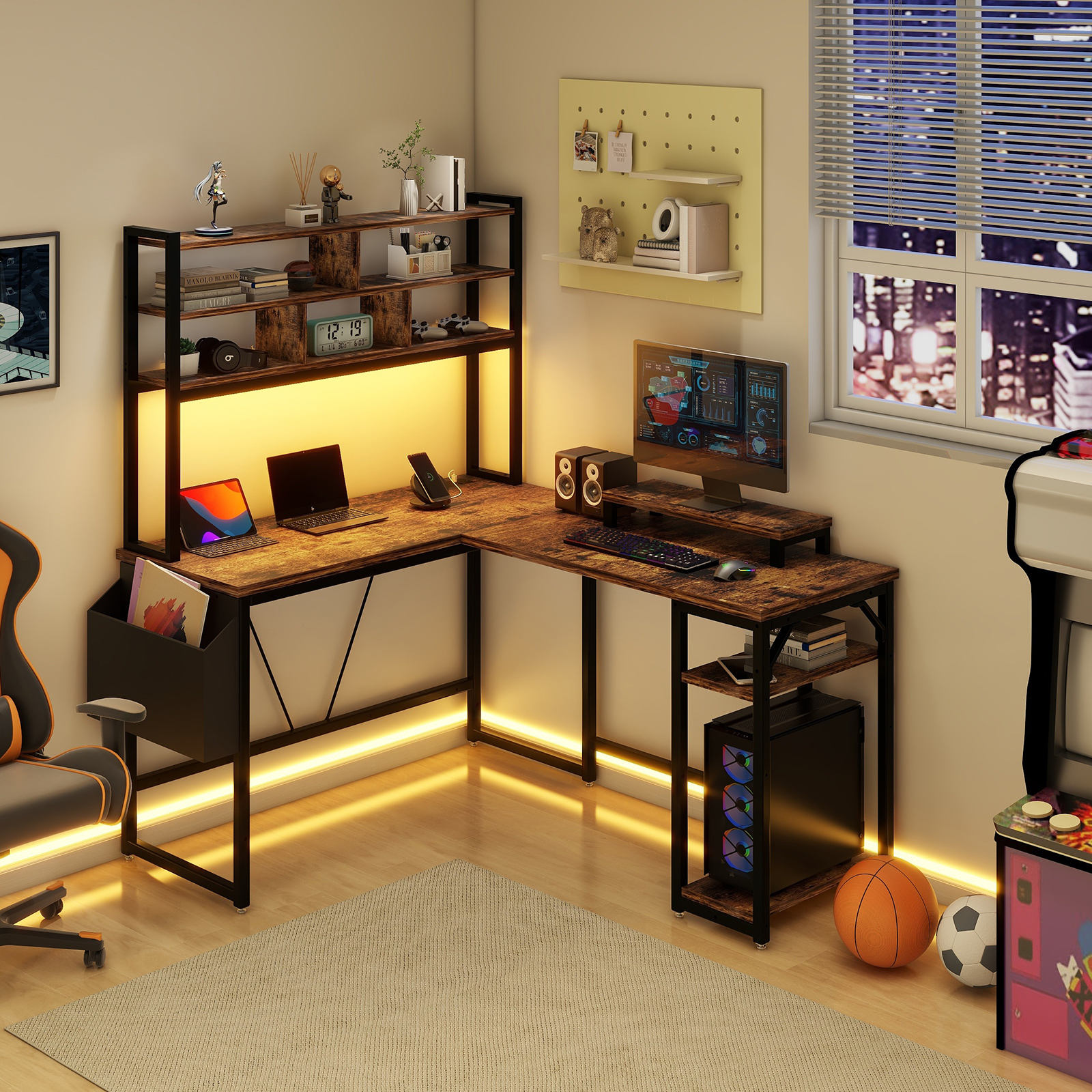 Vabches Computer Desk L Shaped with LED Lights and Power Outlets, Reversible L Shaped Gaming Desk with Hutch