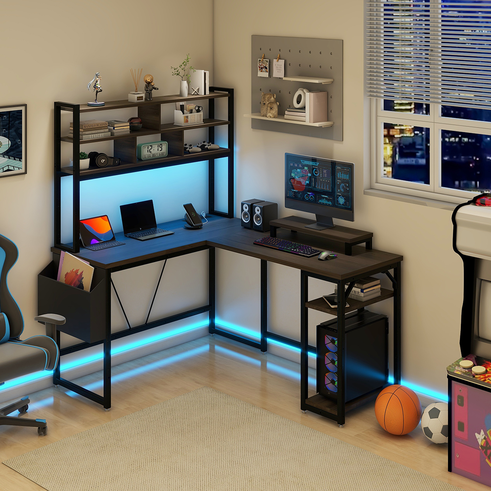 Vabches Computer Desk L Shaped with LED Lights and Power Outlets, Reve