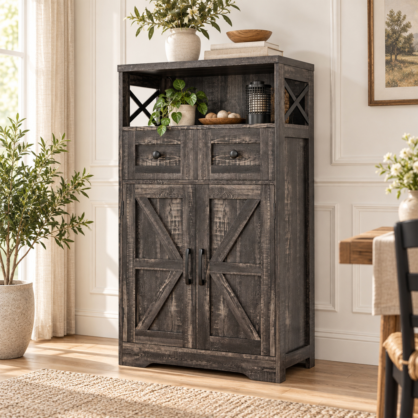 VEANERWOOD Farmhouse Storage Cabinet with Doors and Drawers, Freestanding Kitchen Pantry Cabinet Sideboard, White