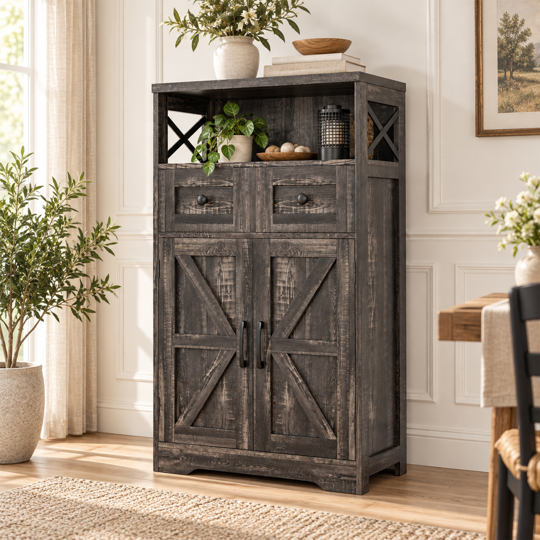 VEANERWOOD Farmhouse Storage Cabinet with Doors and Drawers, Freestanding Kitchen Pantry Cabinet Sideboard, White