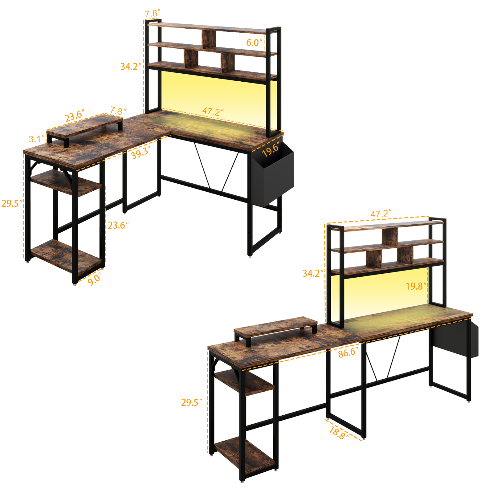 Vabches Computer Desk L Shaped with LED Lights and Power Outlets, Reversible L Shaped Gaming Desk with Hutch