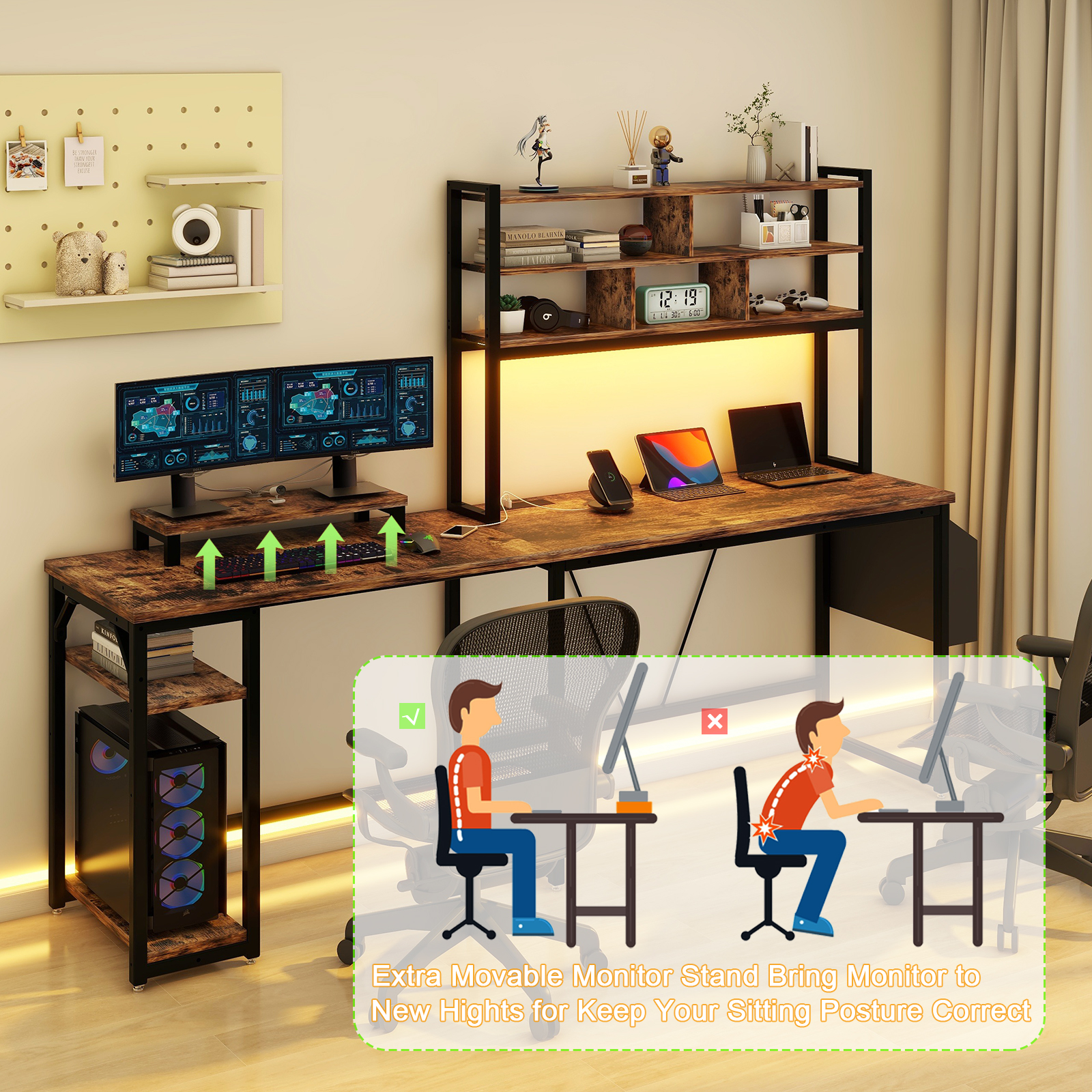 Vabches Computer Desk L Shaped with LED Lights and Power Outlets, Reversible L Shaped Gaming Desk with Hutch