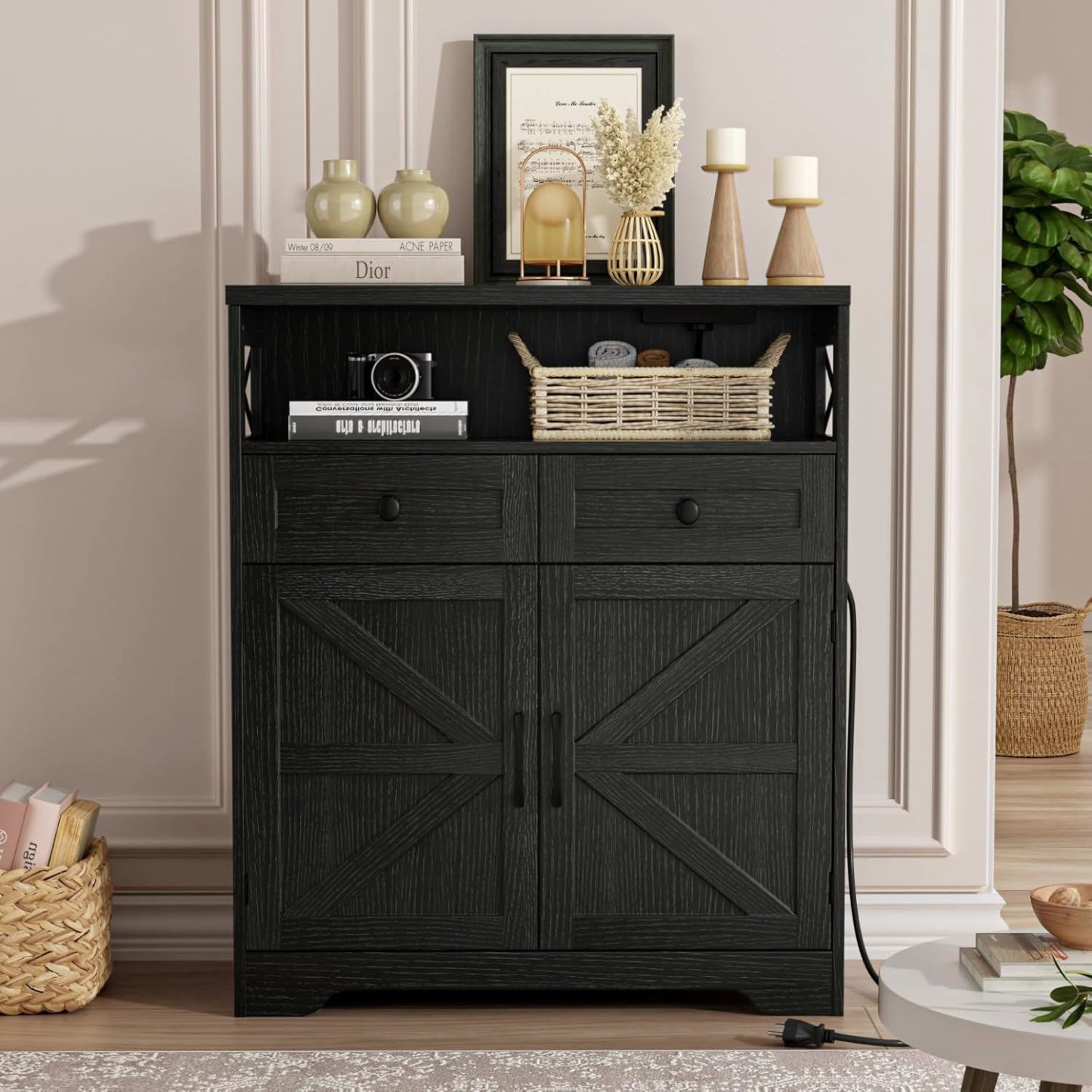 Farmhouse Storage Cabinet with Charge Station & Open Shelf,Coffee Bar Station Table with Adjustable Shelves and Barn Doors for Kitchen Dining Room,Rustic Grey