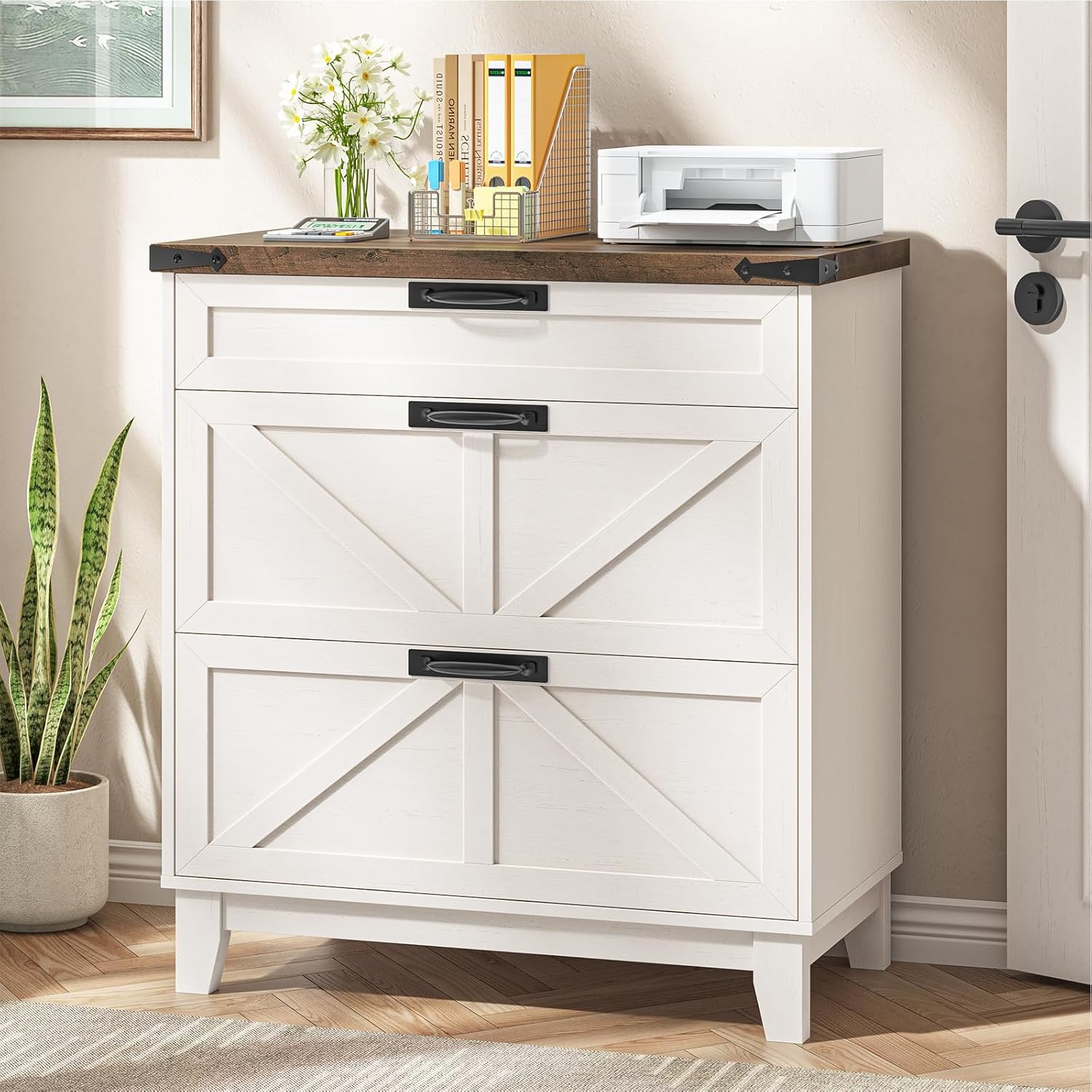Halitaa Lateral File Cabinet with 3 Drawers, Wood Farmhouse File Cabinet for Home Office, Large Filing Storage Cabinets Printer Stand for Letter/Legal/A4 Size Hanging File, White and Brown