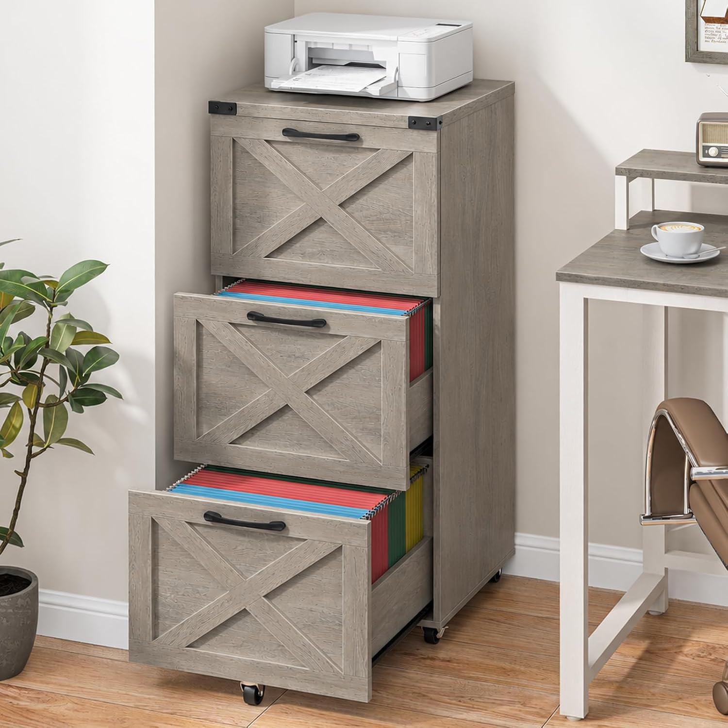 Halitaa 3 Drawers Tall Farmhouse File Cabinet with Wheels for Home Office, Black | Halitaa Vertical Filing Cabinet Fits Letter/A4 Size, Rolling File Cabinet Wooden Printer Stand for Home Office