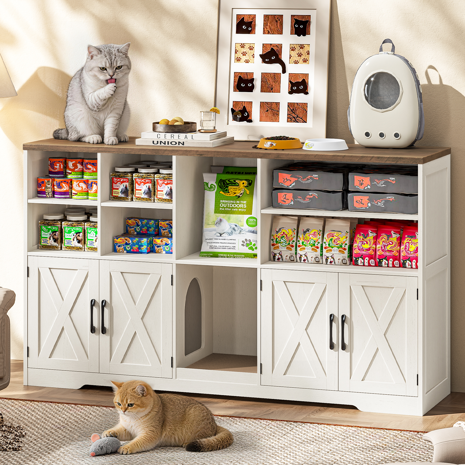 Halitaa Double Litter Box Enclosure for 2 Cats, 57" Farmhouse Litter Box Furniture Hidden with Cat Scratch Pad, Large Indoor Cat House with Double Room, Wooden Litter Box Cabinet, TV Stand, Rustic White