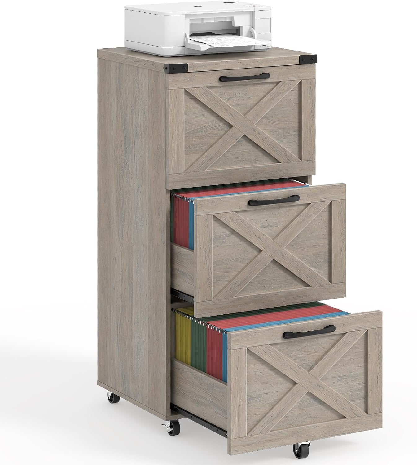 Halitaa 3 Drawers Tall Farmhouse File Cabinet with Wheels for Home Office, Black | Halitaa Vertical Filing Cabinet Fits Letter/A4 Size, Rolling File Cabinet Wooden Printer Stand for Home Office