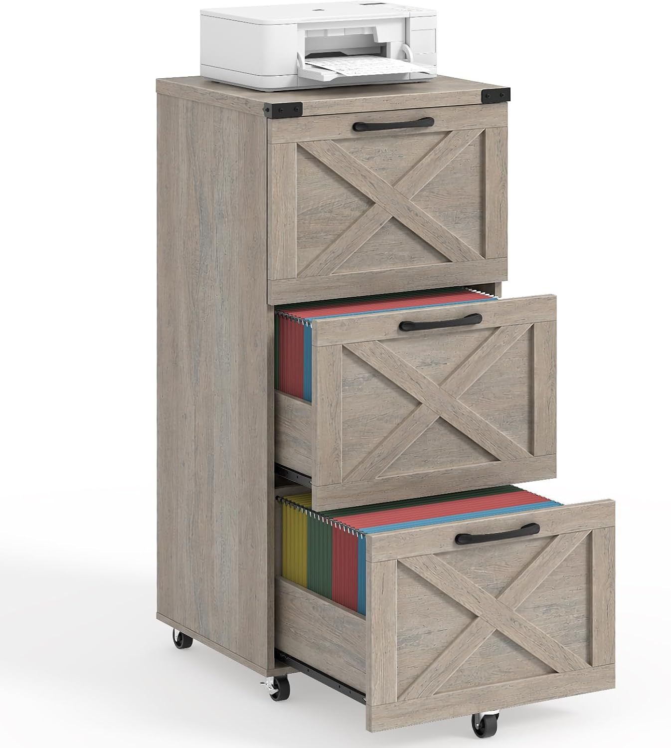 Halitaa 3 Drawers Tall Farmhouse File Cabinet with Wheels for Home Office, Black | Halitaa Vertical Filing Cabinet Fits Letter/A4 Size, Rolling File Cabinet Wooden Printer Stand for Home Office