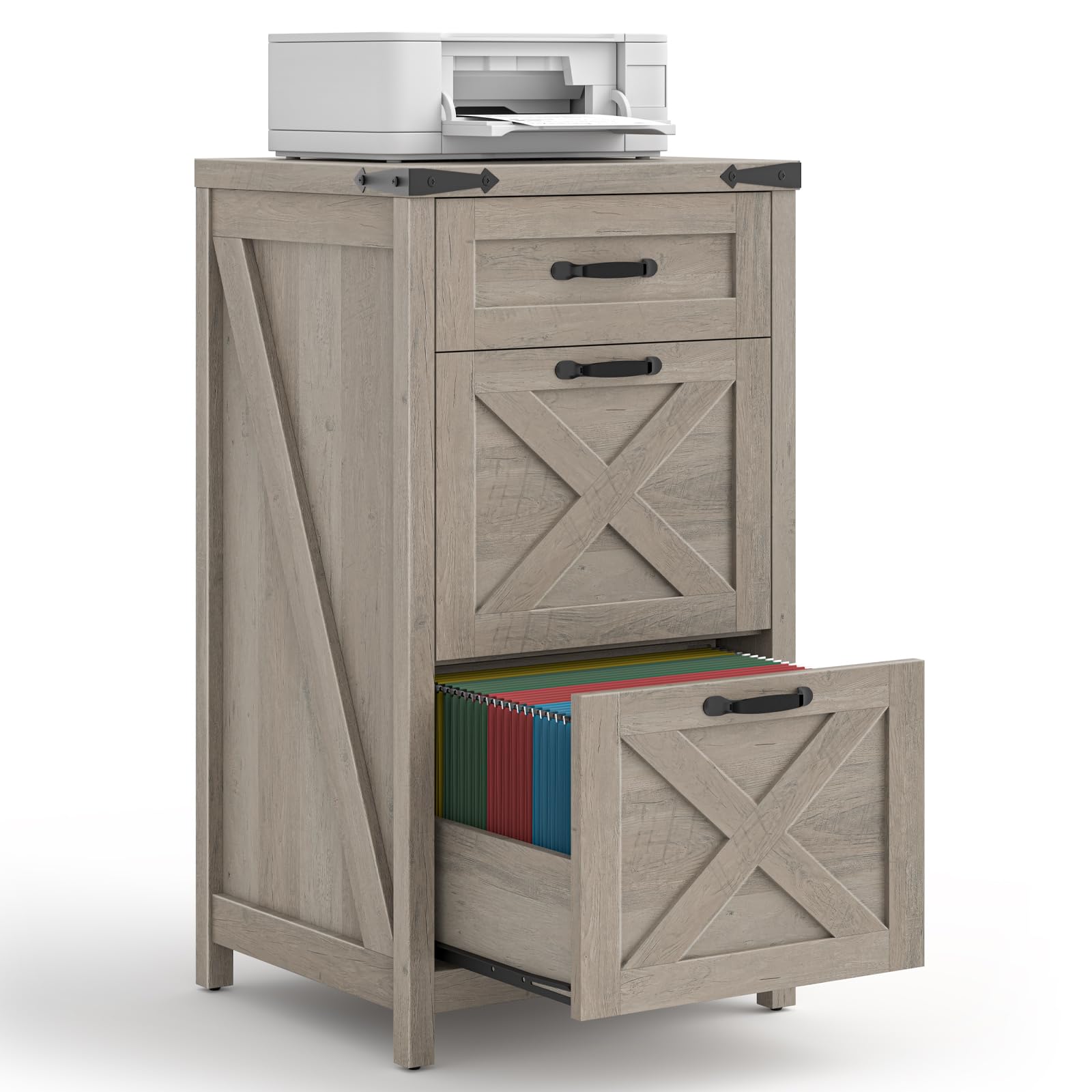 Halitaa 3 Drawers Farmhouse File Cabinet with Wheels for Home Office, Grey