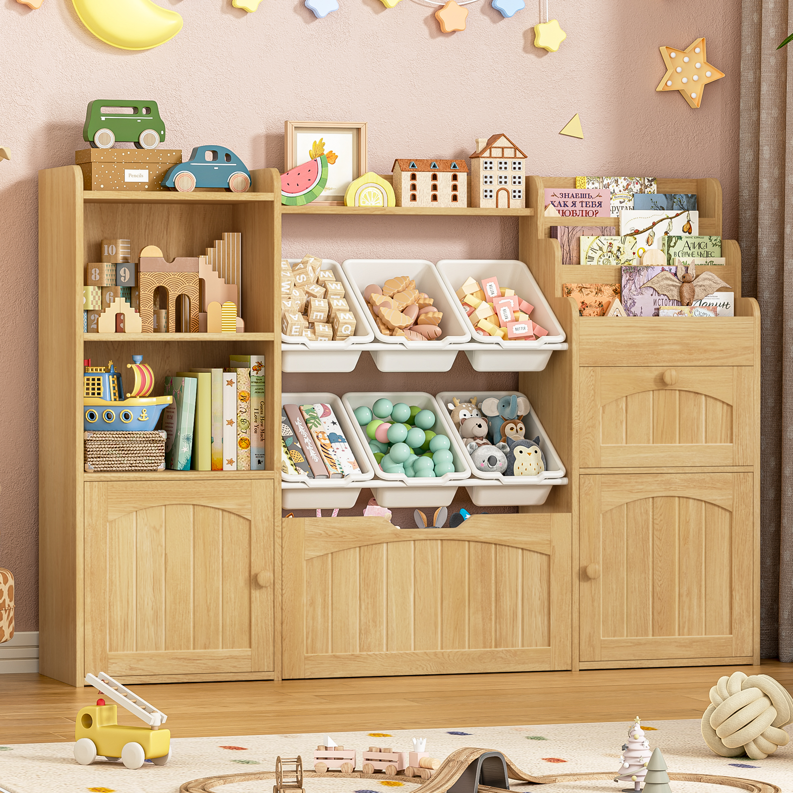 Befrases Toy Storage Organizer with Movable Drawer, Kids Bookshelf with bins, Toy Organizers and Storage with Hidden Wheels, Large Toy Storage and Toy Chest Storage for living room, Playroom, Kids Room, Oak