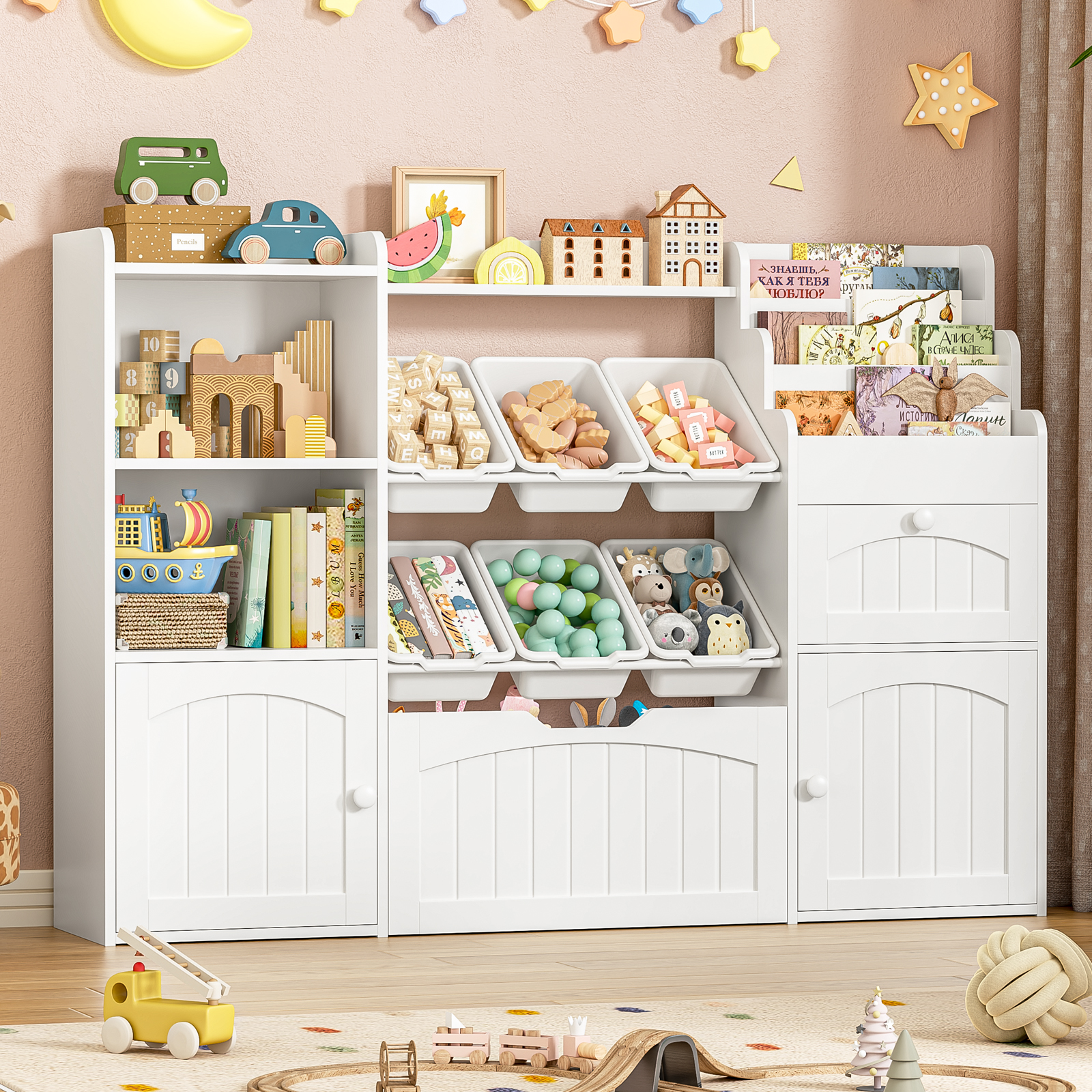 Befrases Toy Storage Organizer with Movable Drawer, Kids Bookshelf with bins, Toy Organizers and Storage with Hidden Wheels, Large Toy Storage and Toy Chest Storage for living room, Playroom, Kids Room, Oak