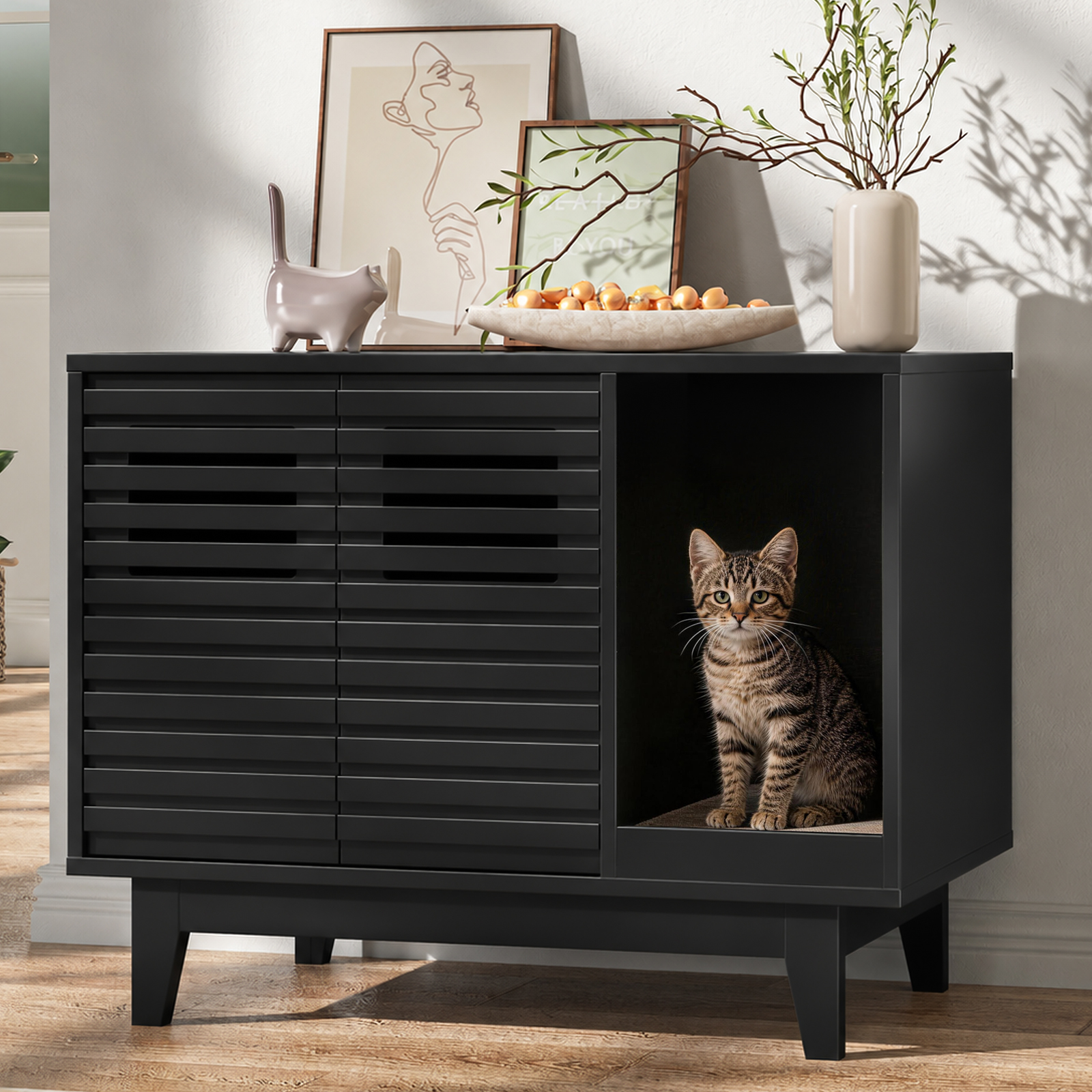 Halitaa 31.5" Cat Litter Box Enclosure, Hidden Litter Box Cabinet, Modern Indoor Cat House with Scratch Pad, Pet Storage Cabinet with 2 Doors, TV Stand for Living Room