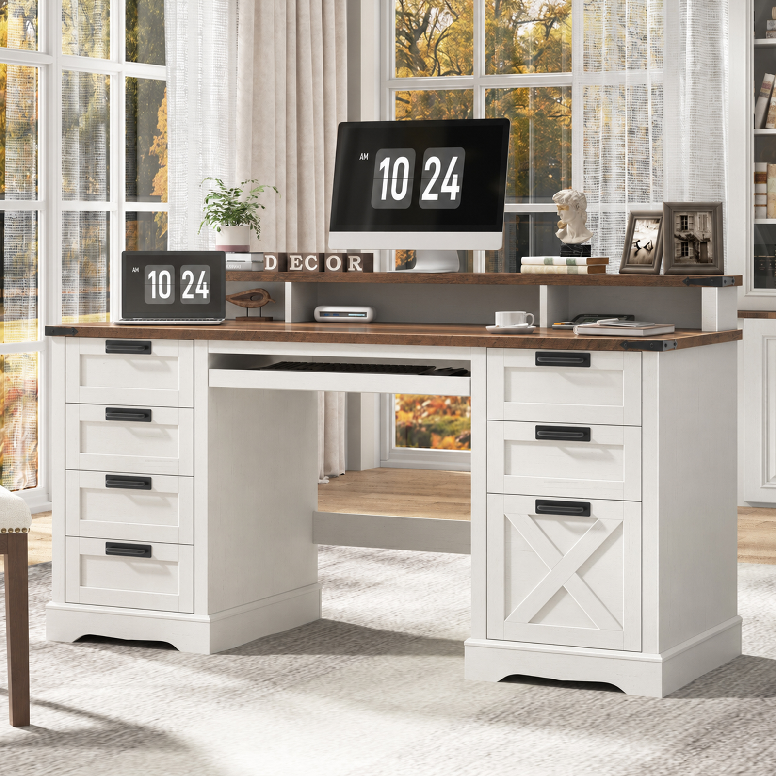 Halitaa 60" Farmhouse Executive Desk with 8 Drawers, Rustic White and Brown|Wood Computer Desk with Keyboard Tray & Monitor Stand, Writing Desk Workstation for Home Office, Bedroom, Study