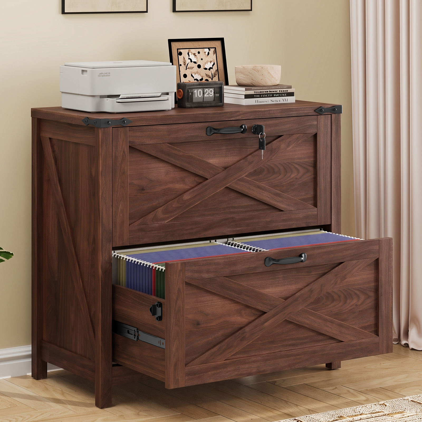 Halitaa Lateral File Cabinet with 2 Large Drawers, Farmhouse File Cabinet with Lock for Letter/Legal/A4 Size Hanging Files, Wood File Storage Cabinets Printer Stand for Home Office Cabinets