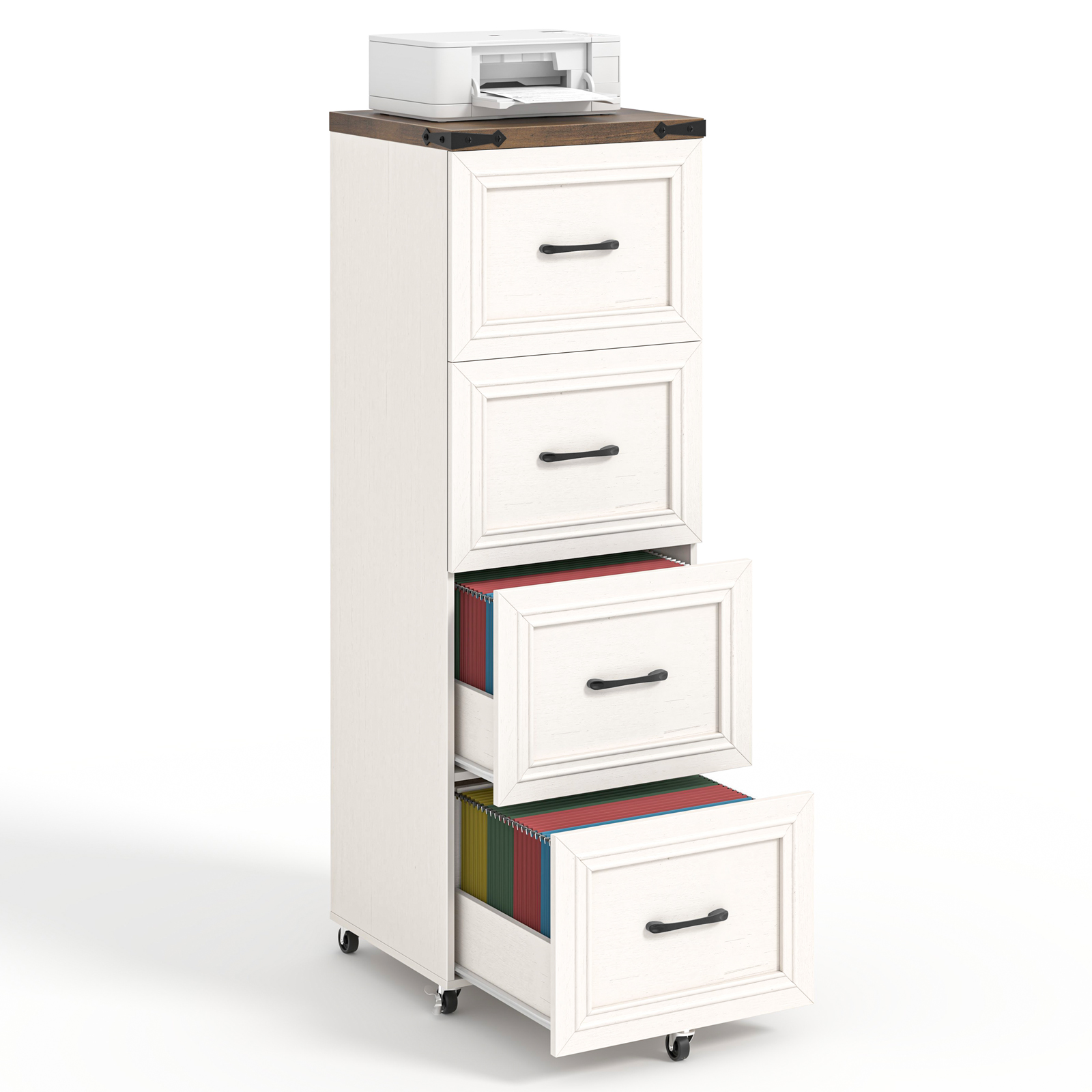 Halitaa 4 Drawers Tall Farmhouse File Cabinet with Wheels, Vertical Filing Cabinet Fits Letter/A4 Size, Rolling File Cabinet Wooden Printer Stand for Home Office, Rustic White 
