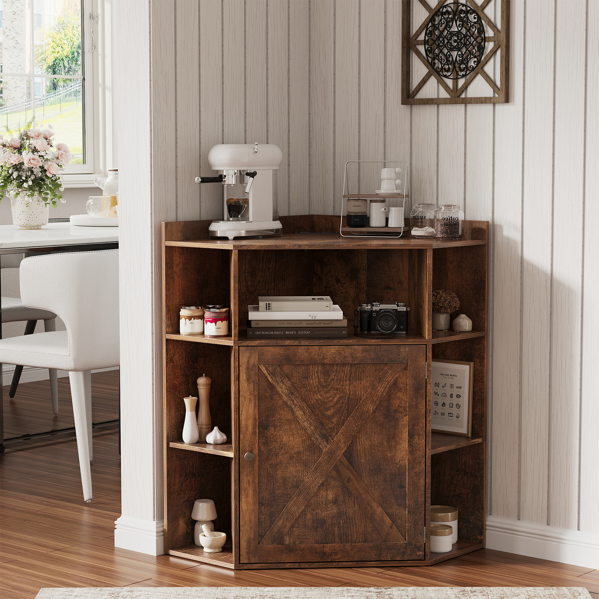 Corner Cabinet, Corner Storage Shelf with USB Ports and Outlets Industrial Organizer for Small Space Wooden 6-Cubby Bookshelf for Study, Playroom, Living Room (Amber Pine)