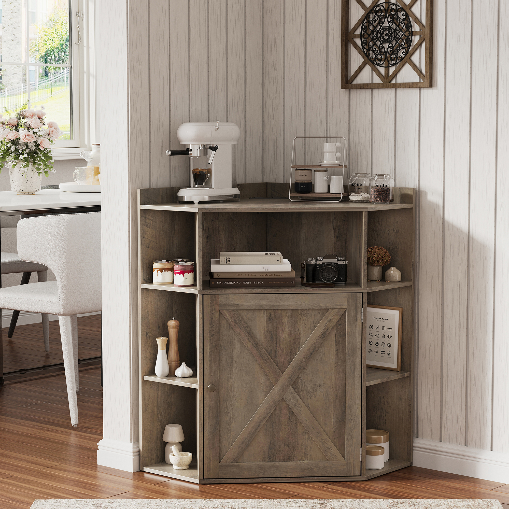 Vabches Corner Cabinet, Corner Storage Shelf with USB Ports and Outlets 6-Cubby Bookshelf