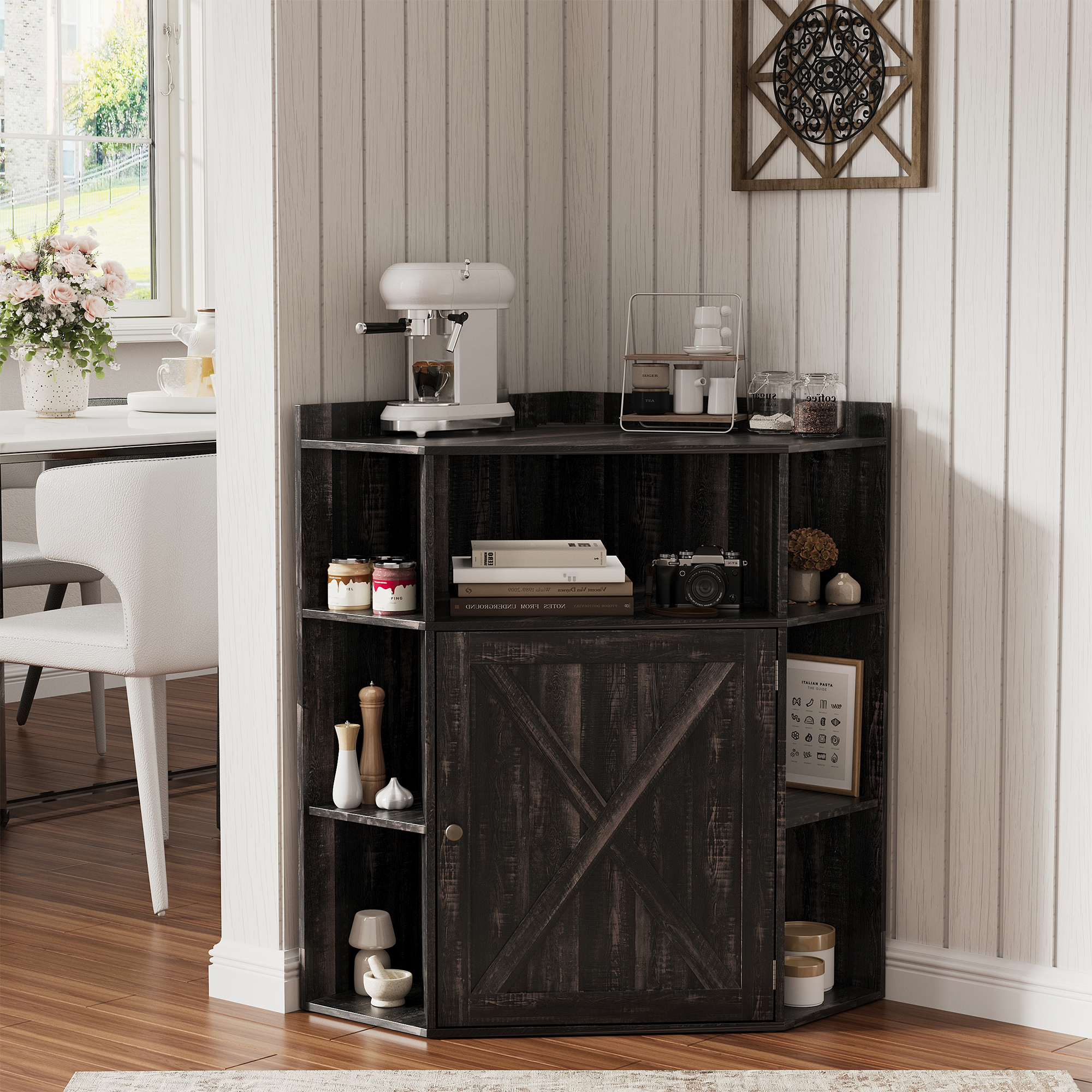 Vabches Corner Storage Cabinet, Farmhouse Buffet Sideboard with Power Outlet with USB Charging Station 6-Cubby Bookshelf for Study, Playroom, Living Room