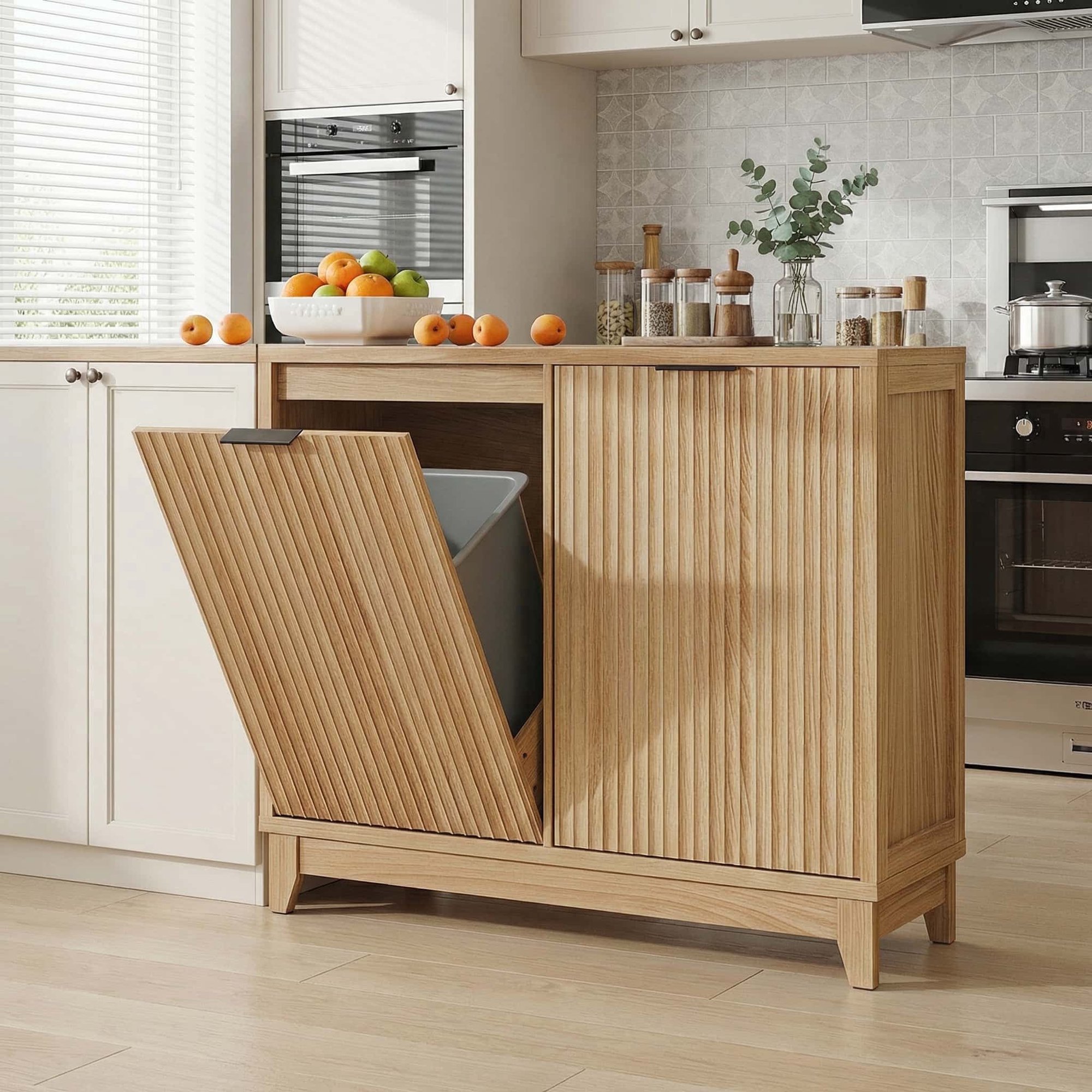 Conate 13 Gallon Double Tilt Out Trash Can Cabinet - Farmhouse Wood Kitchen Trash Cabinet with Odor Control, Hidden 2-Bin Garbage Storage Cabinet with Drawer & Charging Station,Natural