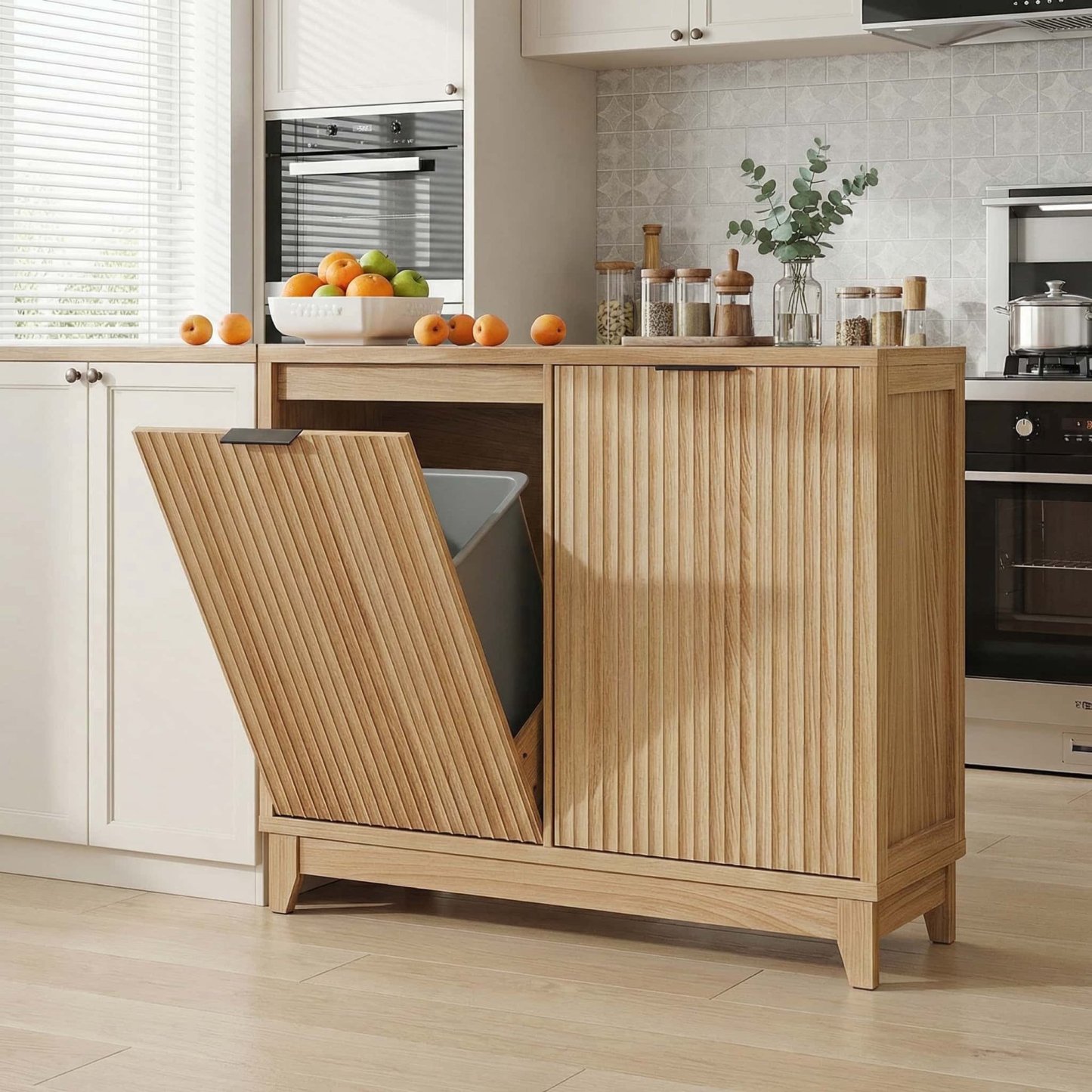 Conate 13 Gallon Double Tilt Out Trash Can Cabinet - Farmhouse Wood Kitchen Trash Cabinet with Odor Control, Hidden 2-Bin Garbage Storage Cabinet with Drawer & Charging Station,Natural