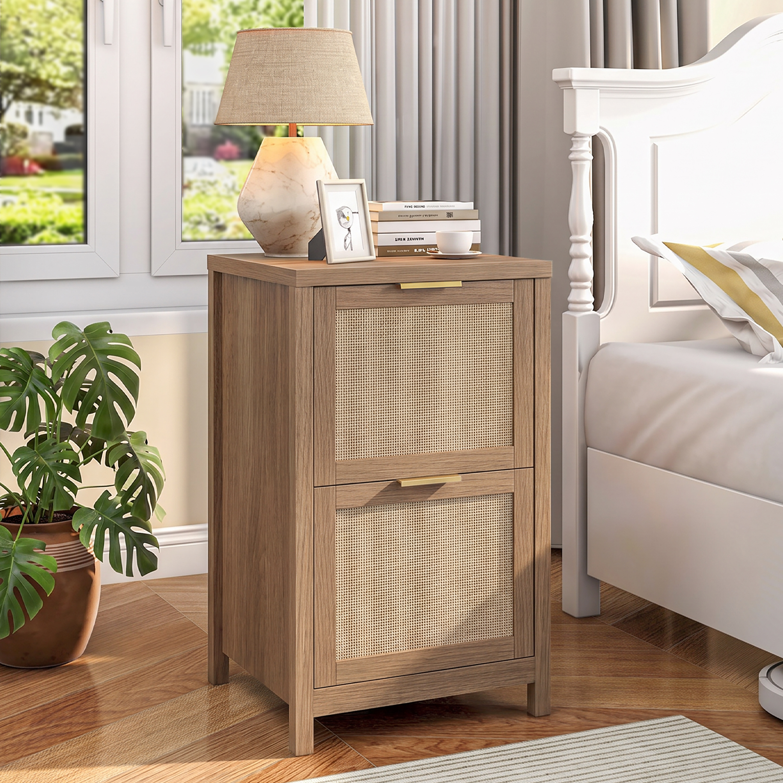 2-Drawer Rattan Small File Cabinet, Farmhouse Vertical Filing Cabinet Fits A4/Letter Size, Under Desk File Cabinets with Storage for Home Office, Wooden Printer Stand, Natural Oak