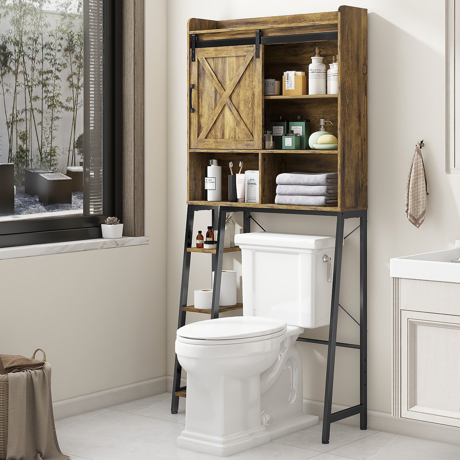Vabches Over The Toilet Storage Cabinet with Sliding Door and Integrated Toilet Paper Holder, Ideal for Bathrooms, Restrooms, and Laundry Rooms.