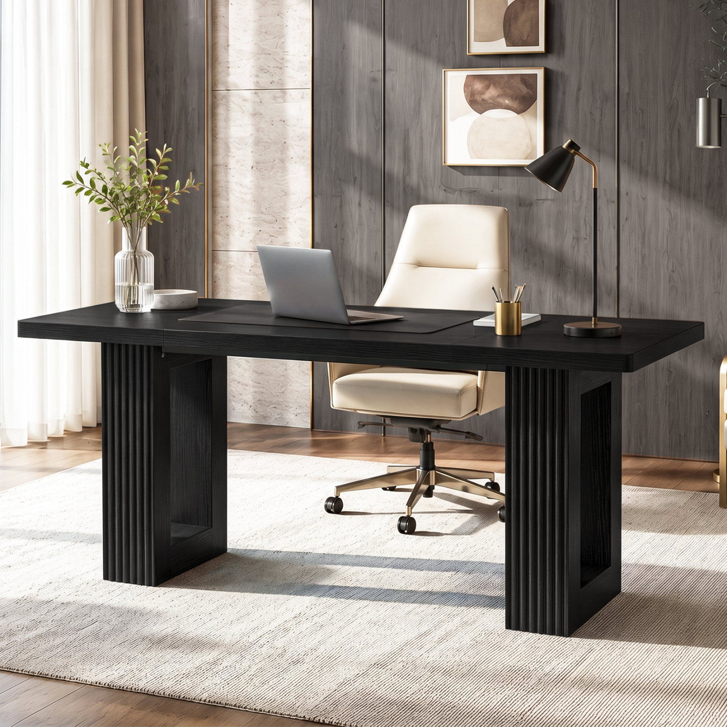 Halitaa 63 Inch Executive Desk, Computer Desk with Large Tabletop, Modern Wood Executive Office Desk with 2 Pedeatals, Writing Conference Table for Home Office, Study