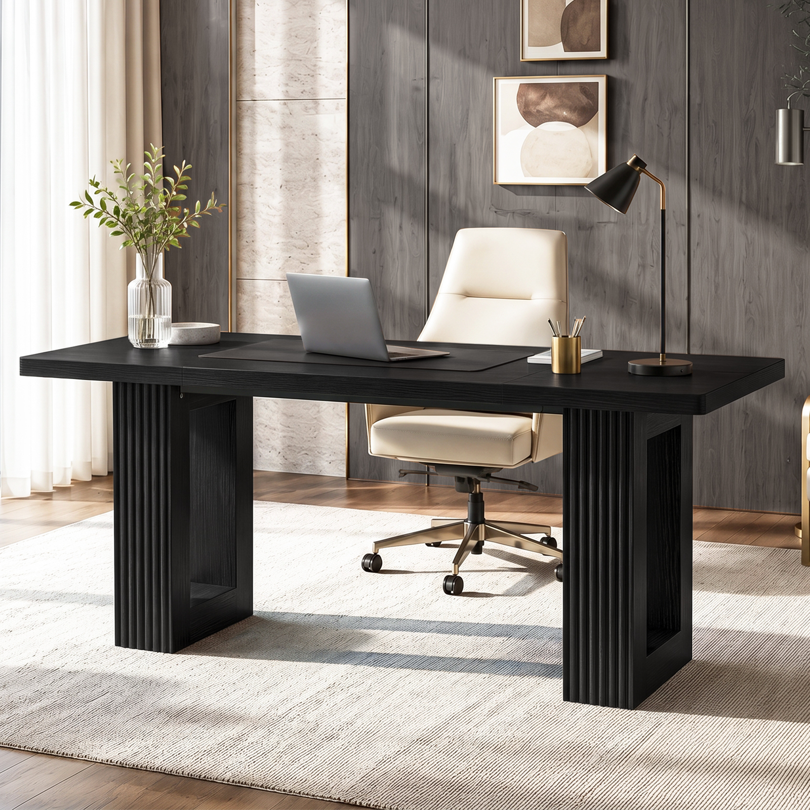 Halitaa 63 Inch Executive Desk, Computer Desk with Large Tabletop, Modern Wood Executive Office Desk with 2 Pedeatals, Writing Conference Table for Home Office, Study