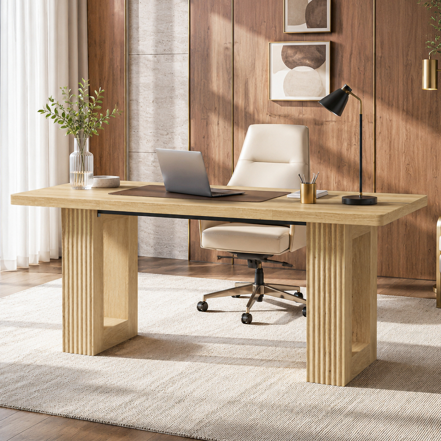 Halitaa 63 Inch Executive Desk, Computer Desk with Large Tabletop, Modern Wood Executive Office Desk with 2 Pedeatals, Writing Conference Table  for Home Office, Study