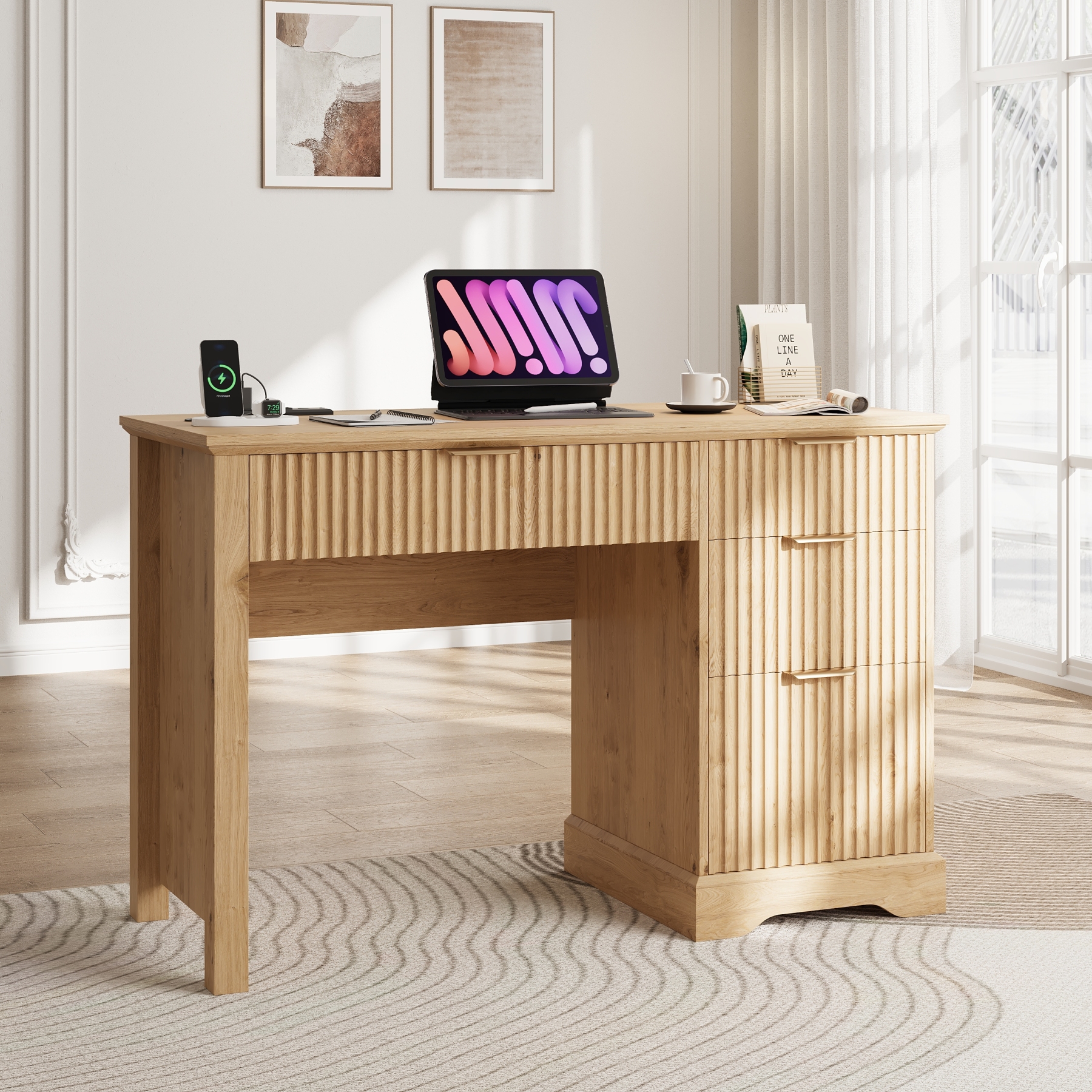 Vabches Fluted Executive Desk with File Drawer, Wood Home Office Desk with Large Drawers, Modern Computer Writing Desk for Study