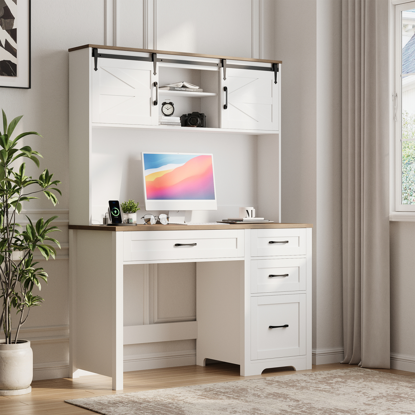 Vabches Executive Desk with Hutch, Unique White/Black