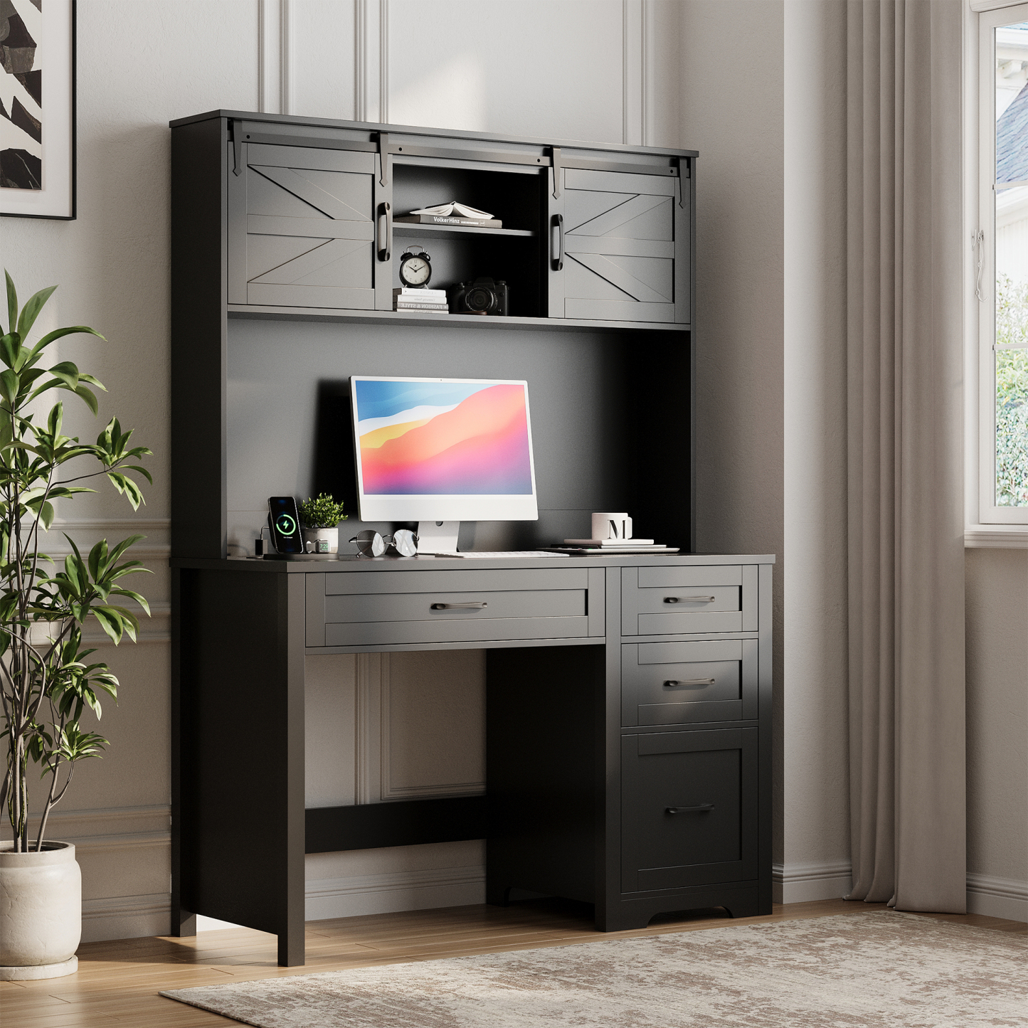 Vabches Executive Desk with Hutch, Unique White/Black