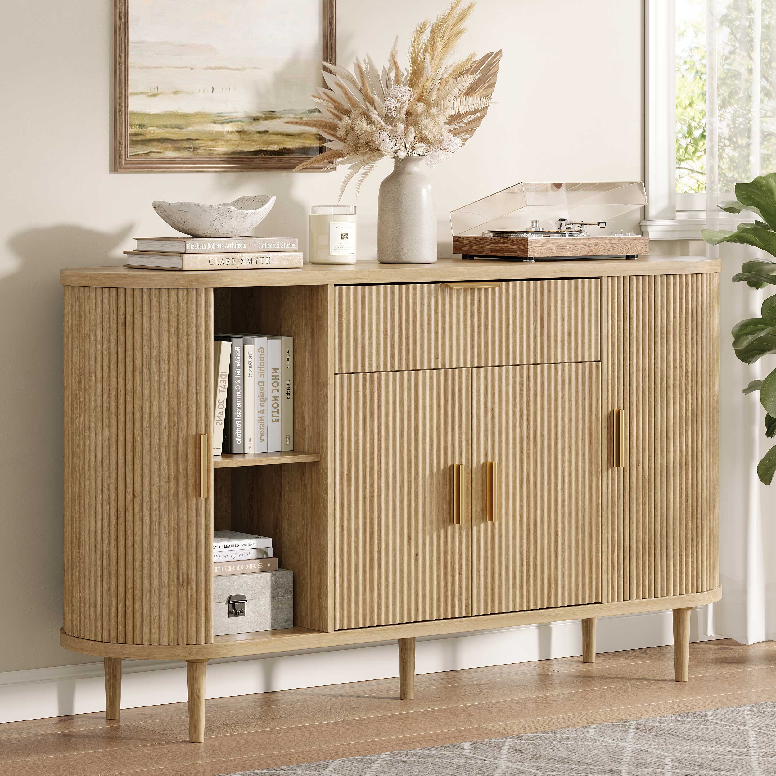 Halitaa 55" sideboard buffet cabinet with Adjustable Shelves, Fluted Mid-Century Modern Coffee Bar Cabinet with Sliding Door and Drawer, Curved Credenza Storage Cabinet for Living Room