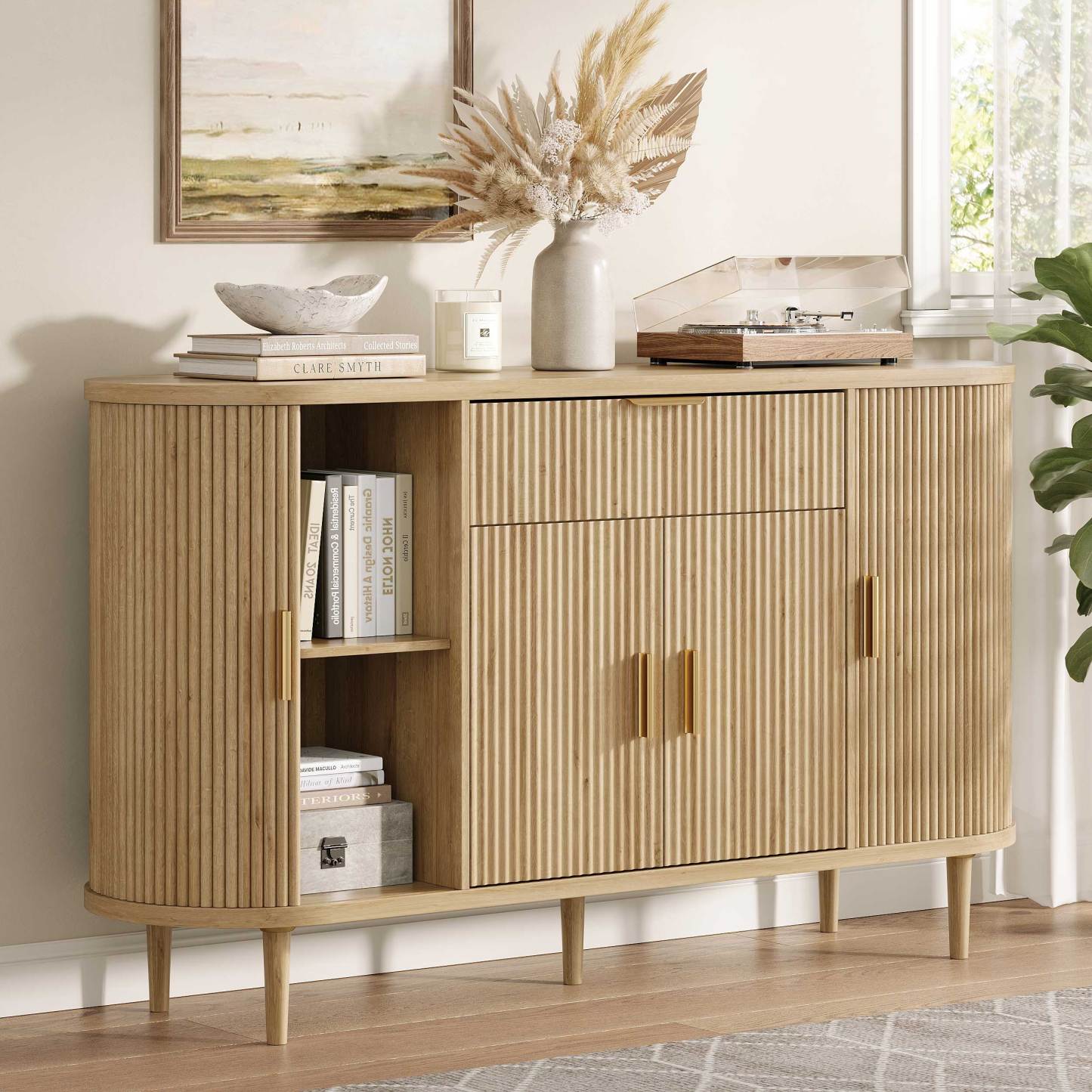 Halitaa 55" sideboard buffet cabinet with Adjustable Shelves, Fluted Mid-Century Modern Coffee Bar Cabinet with Sliding Door and Drawer, Curved Credenza Storage Cabinet for Living Room